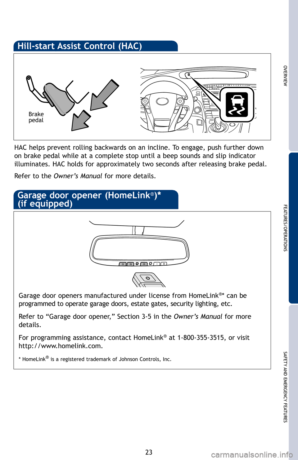 TOYOTA PRIUS PLUG-IN HYBRID 2012 1.G Quick Reference Guide OVERVIEW
FEATURES/OPERATIONS
SAFETY AND EMERGENCY FEATURES
23
HAC helps prevent rolling backwards on an incline. To engage, push further down
on brake pedal while at a complete stop until a beep sound TOYOTA PRIUS PLUG-IN HYBRID 2012 1.G Quick Reference Guide OVERVIEW
FEATURES/OPERATIONS
SAFETY AND EMERGENCY FEATURES
23
HAC helps prevent rolling backwards on an incline. To engage, push further down
on brake pedal while at a complete stop until a beep sound
