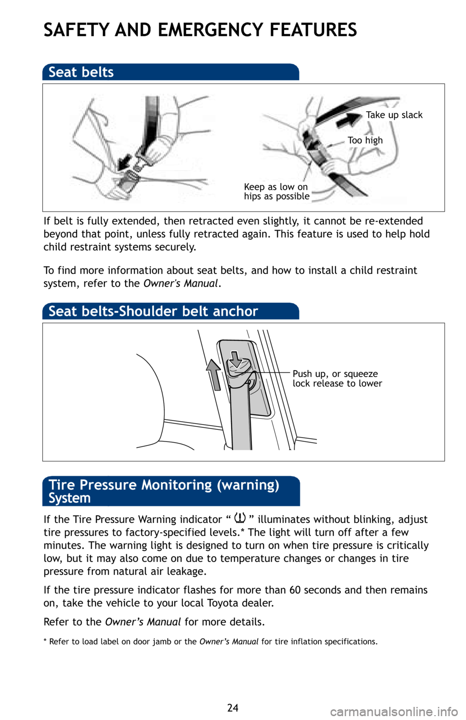 TOYOTA PRIUS PLUG-IN HYBRID 2012 1.G Quick Reference Guide 24
SAFETY AND EMERGENCY FEATURES
If belt is fully extended, then retracted even slightly, it cannot be re-extended
beyond that point, unless fully retracted again. This feature is used to help hold
ch TOYOTA PRIUS PLUG-IN HYBRID 2012 1.G Quick Reference Guide 24
SAFETY AND EMERGENCY FEATURES
If belt is fully extended, then retracted even slightly, it cannot be re-extended
beyond that point, unless fully retracted again. This feature is used to help hold
ch