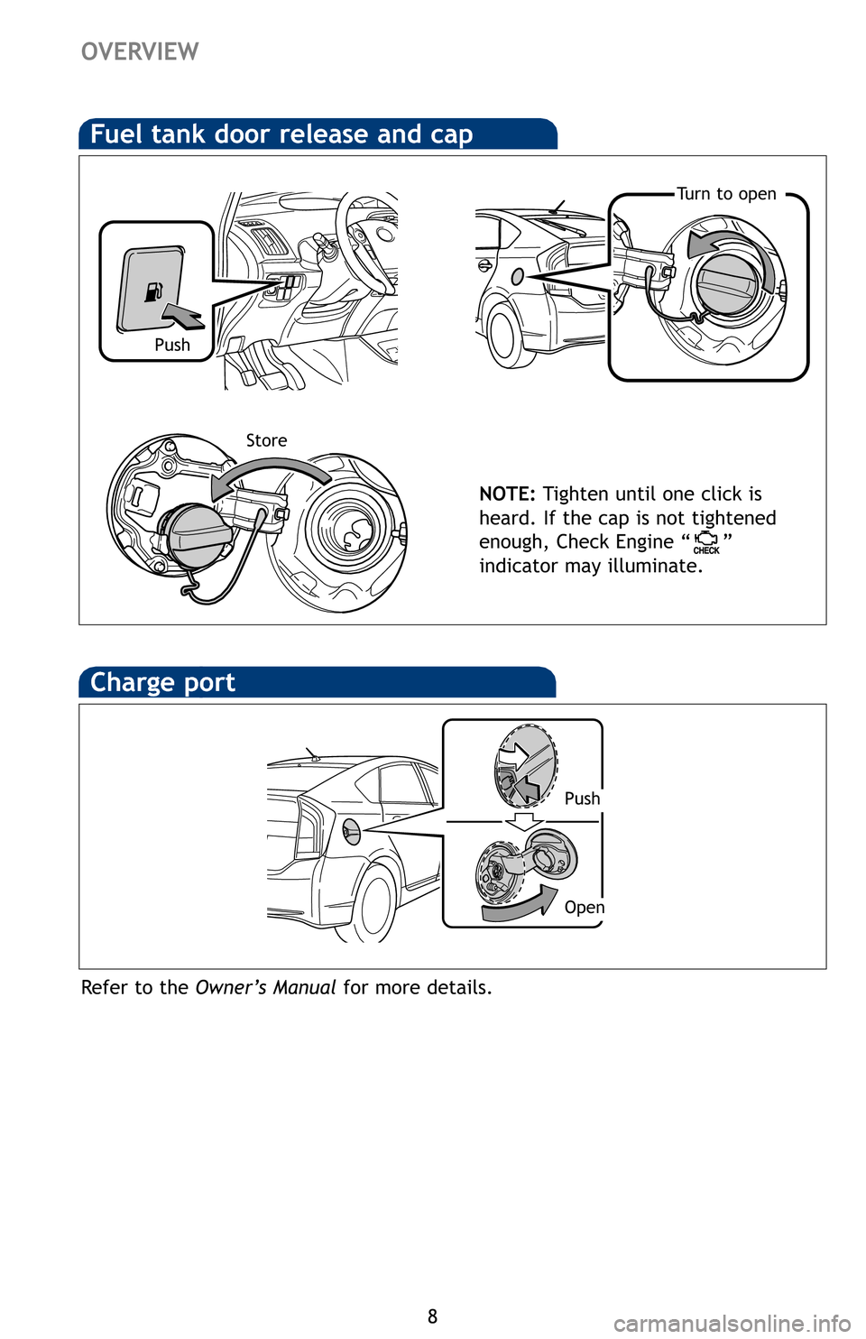 TOYOTA PRIUS PLUG-IN HYBRID 2012 1.G Quick Reference Guide 8
OVERVIEW
HoFuel tank door release and cap
NOTE:Tighten until one click is
heard. If the cap is not tightened
enough, Check Engine “ ”
indicator may illuminate.
Push
Turn to open
Store
Lig
Charge TOYOTA PRIUS PLUG-IN HYBRID 2012 1.G Quick Reference Guide 8
OVERVIEW
HoFuel tank door release and cap
NOTE:Tighten until one click is
heard. If the cap is not tightened
enough, Check Engine “ ”
indicator may illuminate.
Push
Turn to open
Store
Lig
Charge