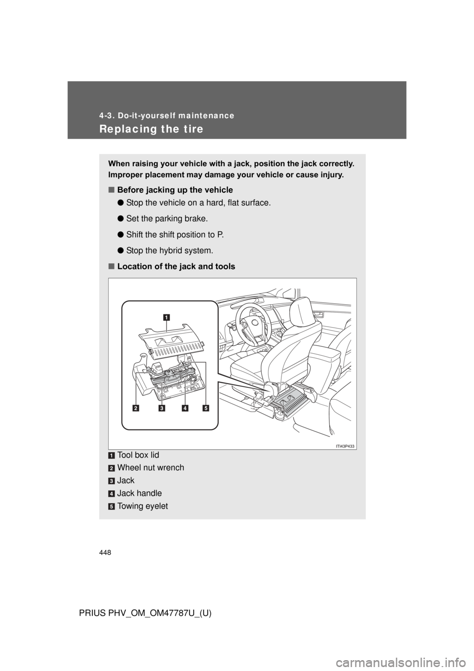 TOYOTA PRIUS PLUG-IN HYBRID 2013 1.G Owners Manual 448
4-3. Do-it-yourself maintenance
PRIUS PHV_OM_OM47787U_(U)
Replacing the tire
When raising your vehicle with a jack, position the jack correctly.
Improper placement may damage your vehicle or cause