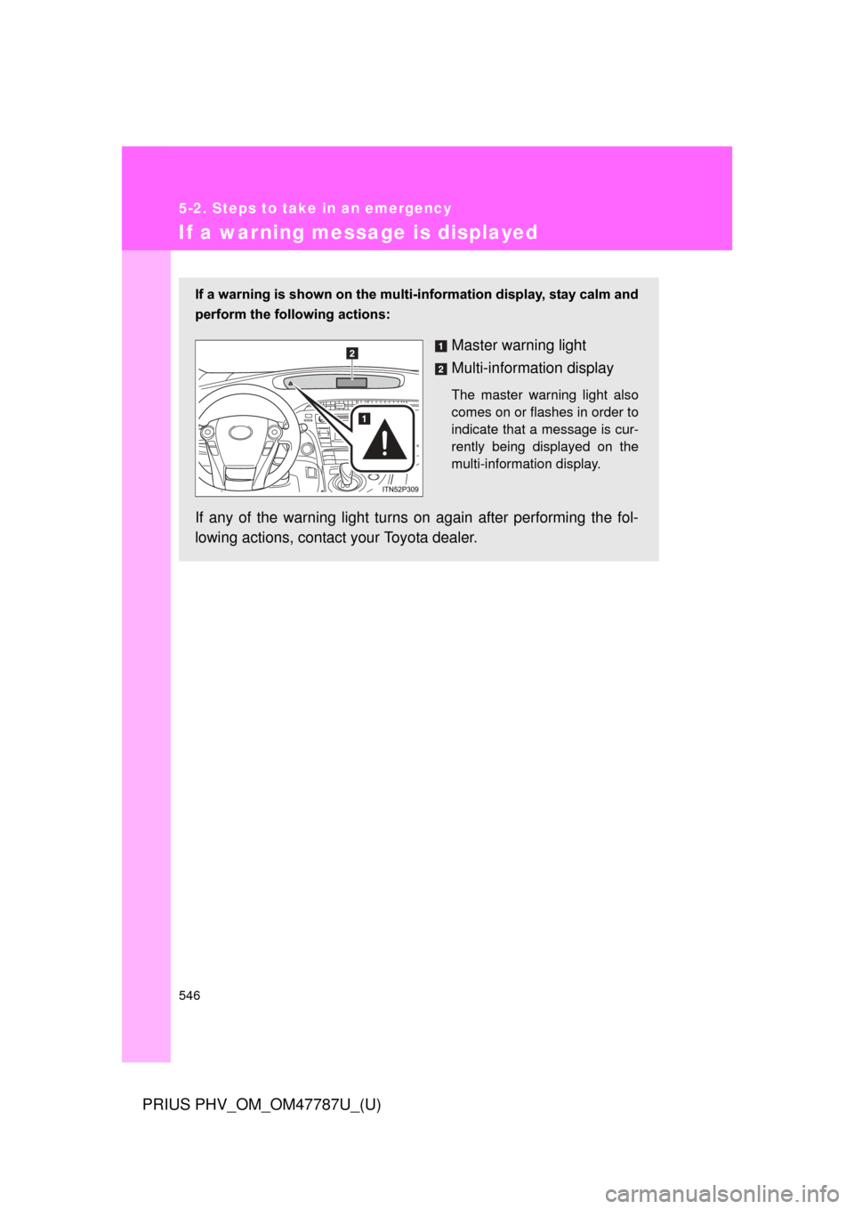 TOYOTA PRIUS PLUG-IN HYBRID 2013 1.G User Guide 546
5-2. Steps to take in an emergency
PRIUS PHV_OM_OM47787U_(U)
If a warning message is displayed
If a warning is shown on the multi-information display, stay calm and
perform the following actions:
