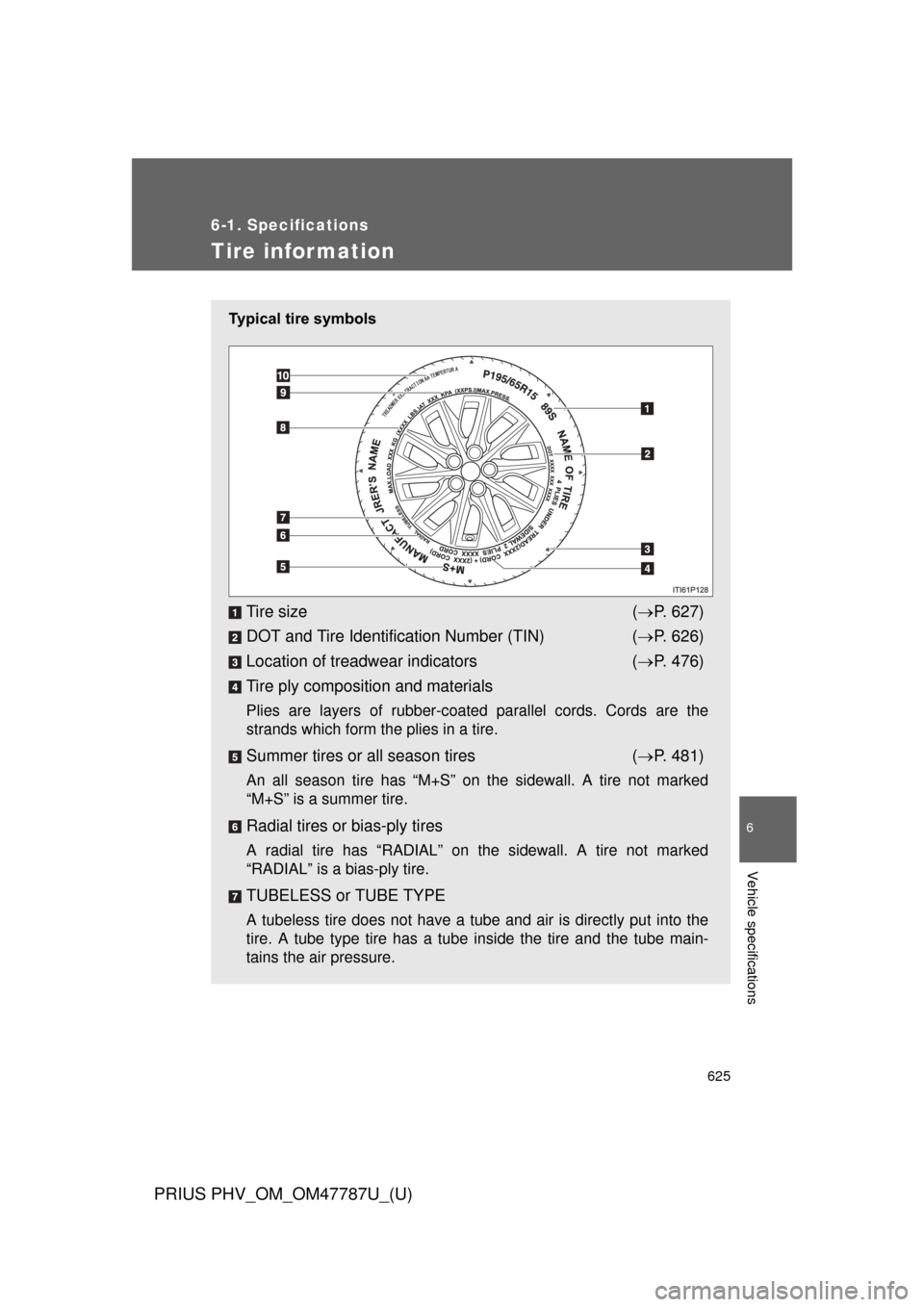 TOYOTA PRIUS PLUG-IN HYBRID 2013 1.G Owners Manual 625
6-1. Specifications
6
Vehicle specifications
PRIUS PHV_OM_OM47787U_(U)
Tire infor mation
Typical tire symbols
Tire size( P. 627)
DOT and Tire Identification Number (TIN) ( P. 626)
Location o