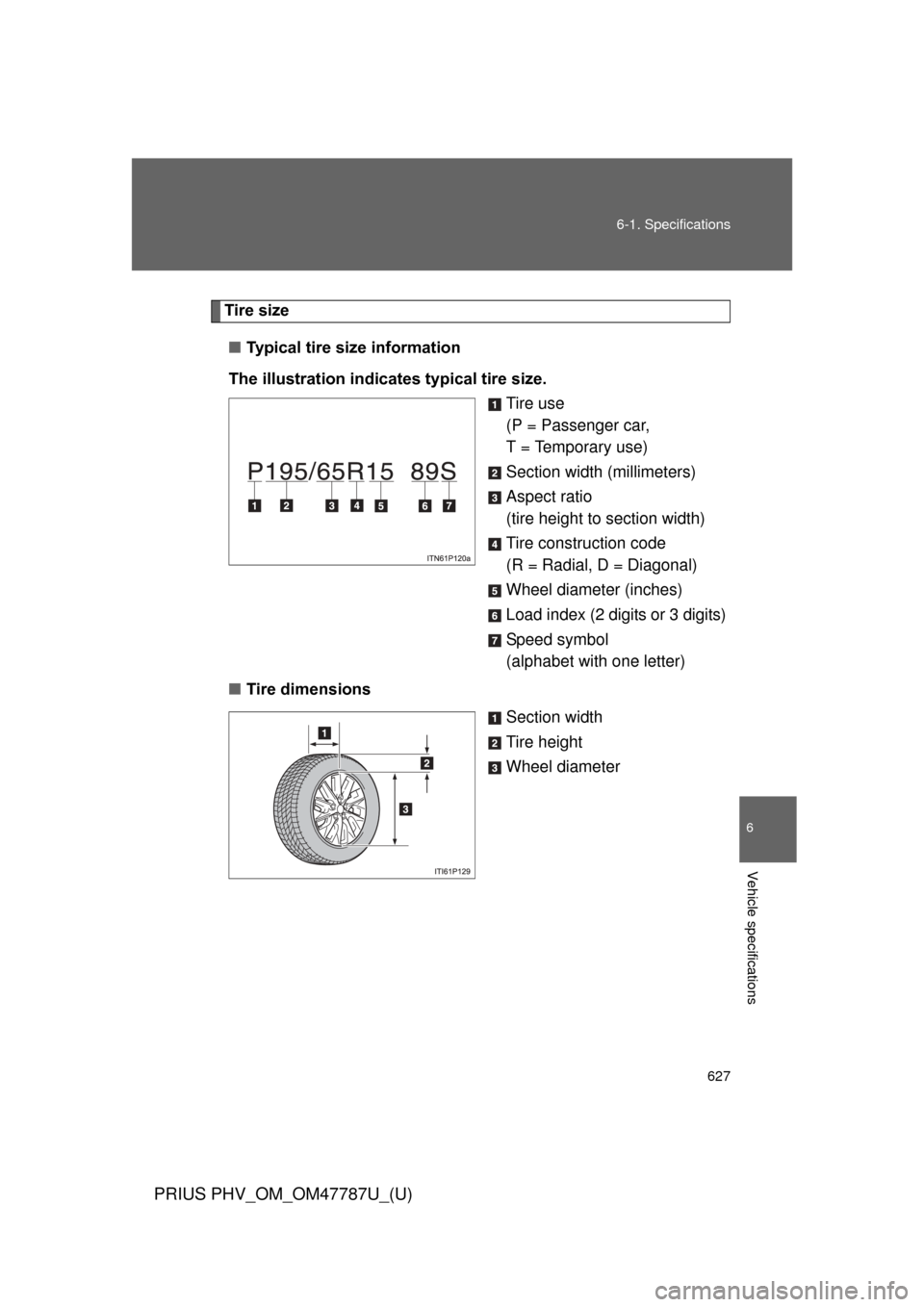 TOYOTA PRIUS PLUG-IN HYBRID 2013 1.G Owners Manual 627
6-1. Specifications
6
Vehicle specifications
PRIUS PHV_OM_OM47787U_(U)
Tire size
■ Typical tire size information
The illustration indicates typical tire size. Tire use
(P = Passenger car, 
T = T