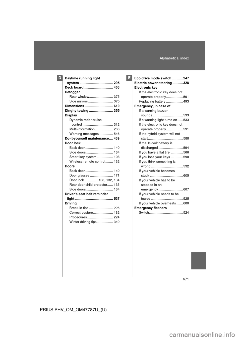 TOYOTA PRIUS PLUG-IN HYBRID 2013 1.G Owners Manual 671
Alphabetical index
PRIUS PHV_OM_OM47787U_(U)
Daytime running light 
system ................................... 295
Deck board............................... 403
Defogger
Rear window...............