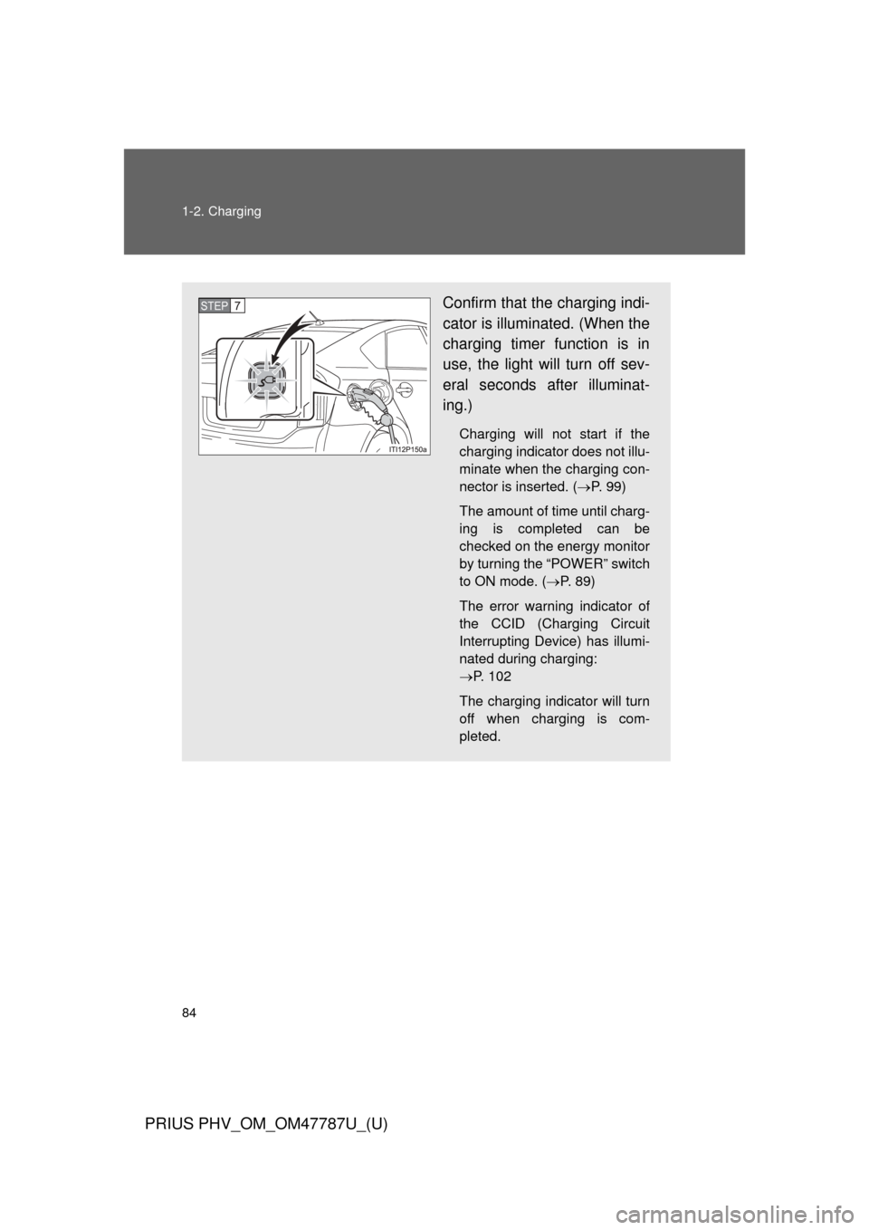 TOYOTA PRIUS PLUG-IN HYBRID 2013 1.G User Guide 84 1-2. Charging
PRIUS PHV_OM_OM47787U_(U)
Confirm that the charging indi-
cator is illuminated. (When the
charging timer function is in
use, the light will turn off sev-
eral seconds after illuminat-