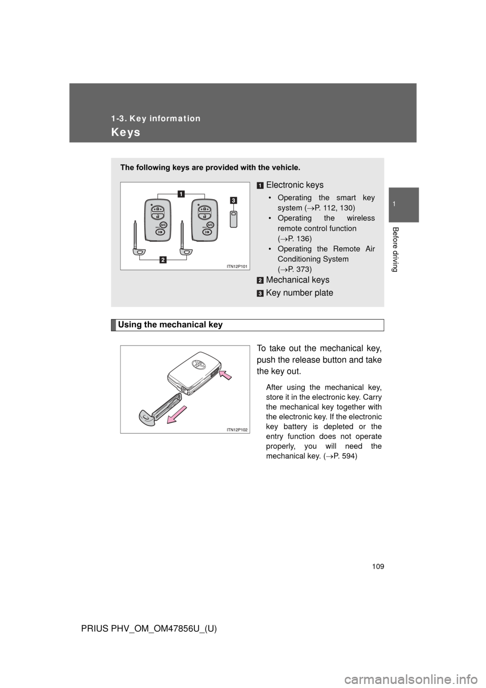 TOYOTA PRIUS PLUG-IN HYBRID 2014 1.G Owners Manual 109
1
Before driving
PRIUS PHV_OM_OM47856U_(U)
1-3. Key information
Keys
Using the mechanical keyTo take out the mechanical key,
push the release button and take
the key out.
After using the mechanica TOYOTA PRIUS PLUG-IN HYBRID 2014 1.G Owners Manual 109
1
Before driving
PRIUS PHV_OM_OM47856U_(U)
1-3. Key information
Keys
Using the mechanical keyTo take out the mechanical key,
push the release button and take
the key out.
After using the mechanica