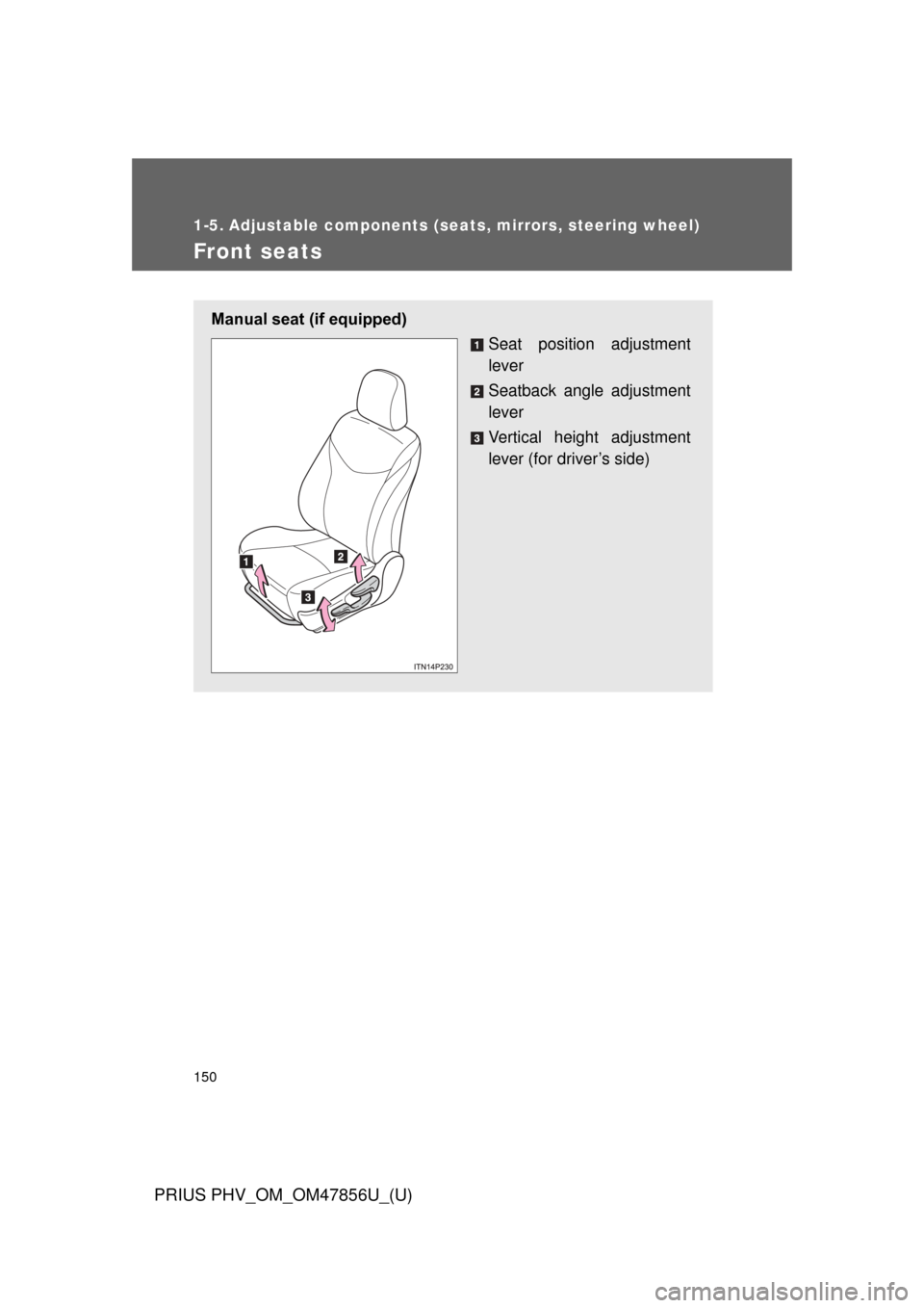 TOYOTA PRIUS PLUG-IN HYBRID 2014 1.G Owners Manual 150
PRIUS PHV_OM_OM47856U_(U)
1-5. Adjustable components (seats, mirrors, steering wheel)
Front seats
Manual seat (if equipped)Seat position adjustment
lever
Seatback angle adjustment
lever
Vertical h
