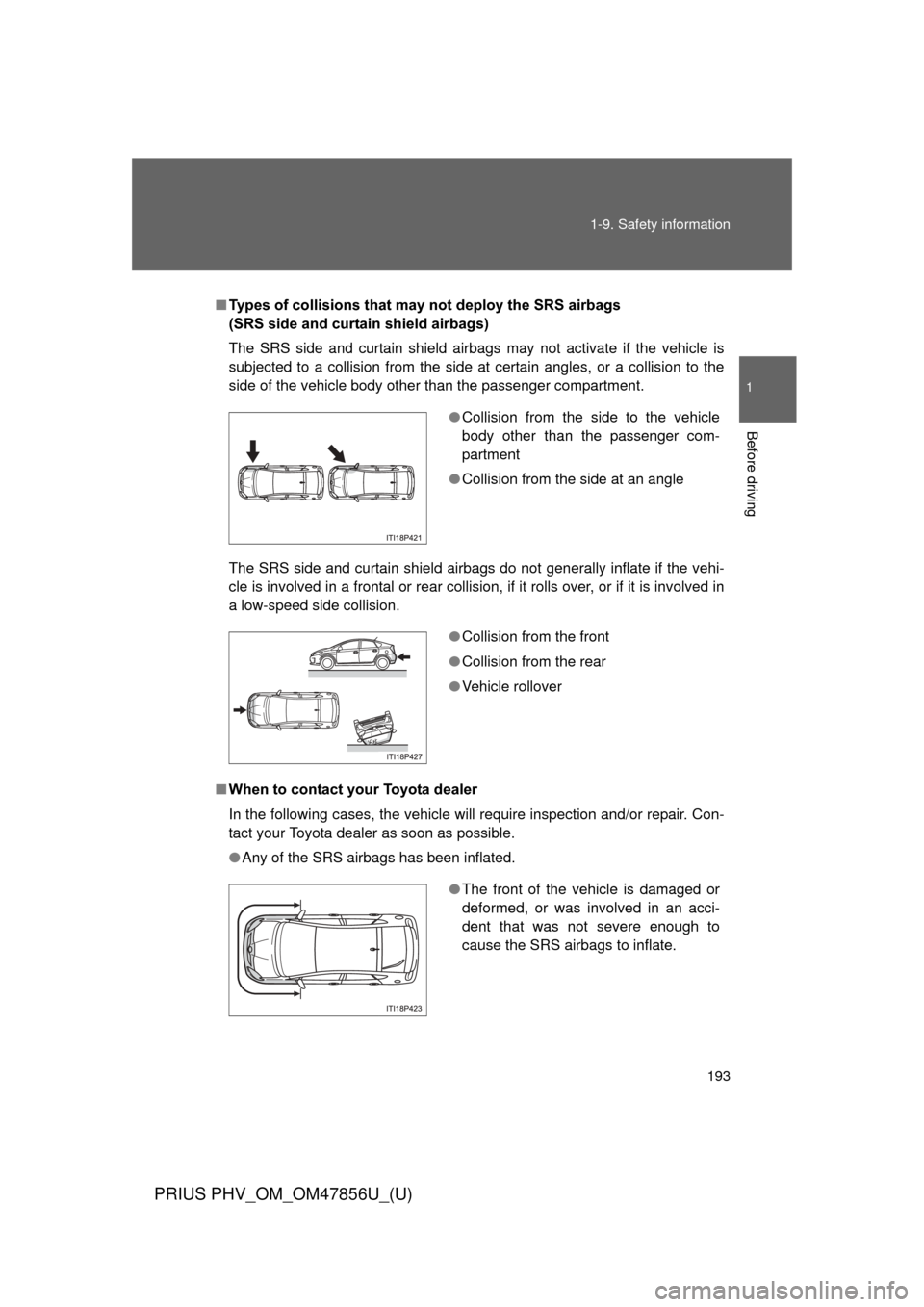 TOYOTA PRIUS PLUG-IN HYBRID 2014 1.G Owners Manual 193
1-9. Safety information
1
Before driving
PRIUS PHV_OM_OM47856U_(U)
■
Types of collisions that may not deploy the SRS airbags
(SRS side and curtain shield airbags)
The SRS side and curtain shiel TOYOTA PRIUS PLUG-IN HYBRID 2014 1.G Owners Manual 193
1-9. Safety information
1
Before driving
PRIUS PHV_OM_OM47856U_(U)
■
Types of collisions that may not deploy the SRS airbags
(SRS side and curtain shield airbags)
The SRS side and curtain shiel