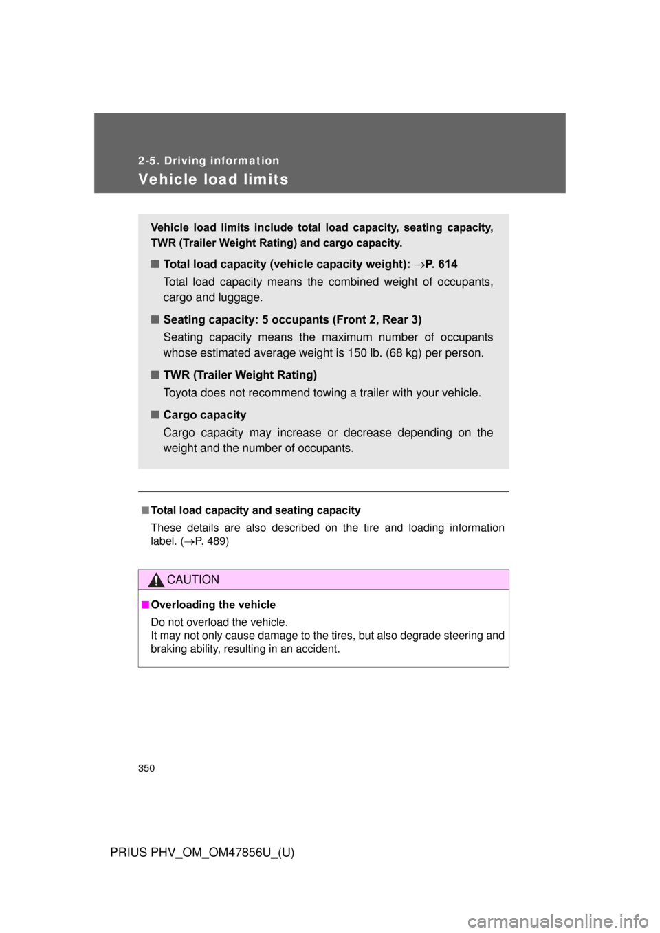 TOYOTA PRIUS PLUG-IN HYBRID 2014 1.G Owners Manual 350
2-5. Driving information
PRIUS PHV_OM_OM47856U_(U)
Vehicle load limits
■Total load capacity and seating capacity
These details are also described on the tire and loading information
label. (P