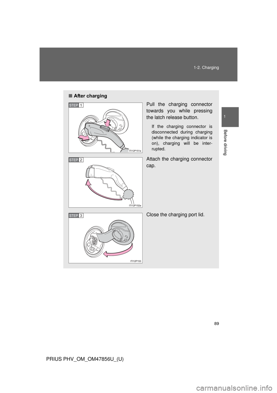 TOYOTA PRIUS PLUG-IN HYBRID 2014 1.G Owners Manual 89
1-2. Charging
1
Before driving
PRIUS PHV_OM_OM47856U_(U)
■
After charging
Pull the charging connector
towards you while pressing
the latch release button.
If the charging connector is
disconnecte