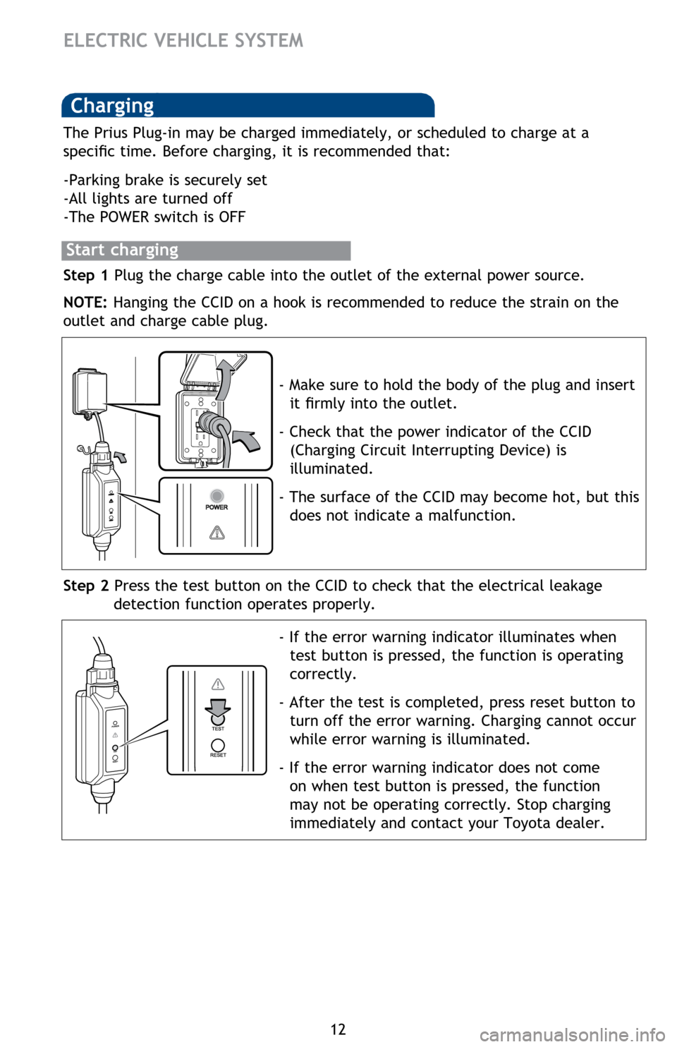 TOYOTA PRIUS PLUG-IN HYBRID 2014 1.G Quick Reference Guide 12
ELECTRIC VEHICLE SYSTEM
Charging
Step 1 Plug the charge cable into the outlet of the external power source.
NOTE: Hanging the CCID on a hook is recommended to reduce the strain on the
outlet and c TOYOTA PRIUS PLUG-IN HYBRID 2014 1.G Quick Reference Guide 12
ELECTRIC VEHICLE SYSTEM
Charging
Step 1 Plug the charge cable into the outlet of the external power source.
NOTE: Hanging the CCID on a hook is recommended to reduce the strain on the
outlet and c