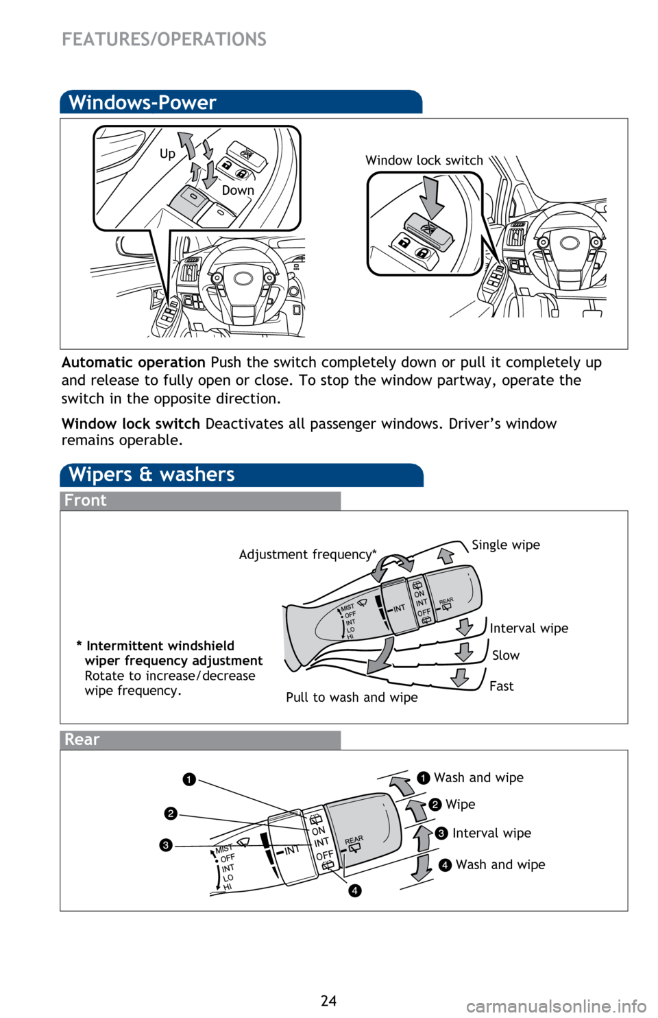 TOYOTA PRIUS PLUG-IN HYBRID 2014 1.G Quick Reference Guide 24
FEATURES/OPERATIONS
Wipers & washers
Interval wipe
Single wipe
Slow
Fast
Pull to wash and wipe
Front
Rear
Windows-Power
Up
Down
Window lock switch
Automatic operation Push the switch completely do TOYOTA PRIUS PLUG-IN HYBRID 2014 1.G Quick Reference Guide 24
FEATURES/OPERATIONS
Wipers & washers
Interval wipe
Single wipe
Slow
Fast
Pull to wash and wipe
Front
Rear
Windows-Power
Up
Down
Window lock switch
Automatic operation Push the switch completely do