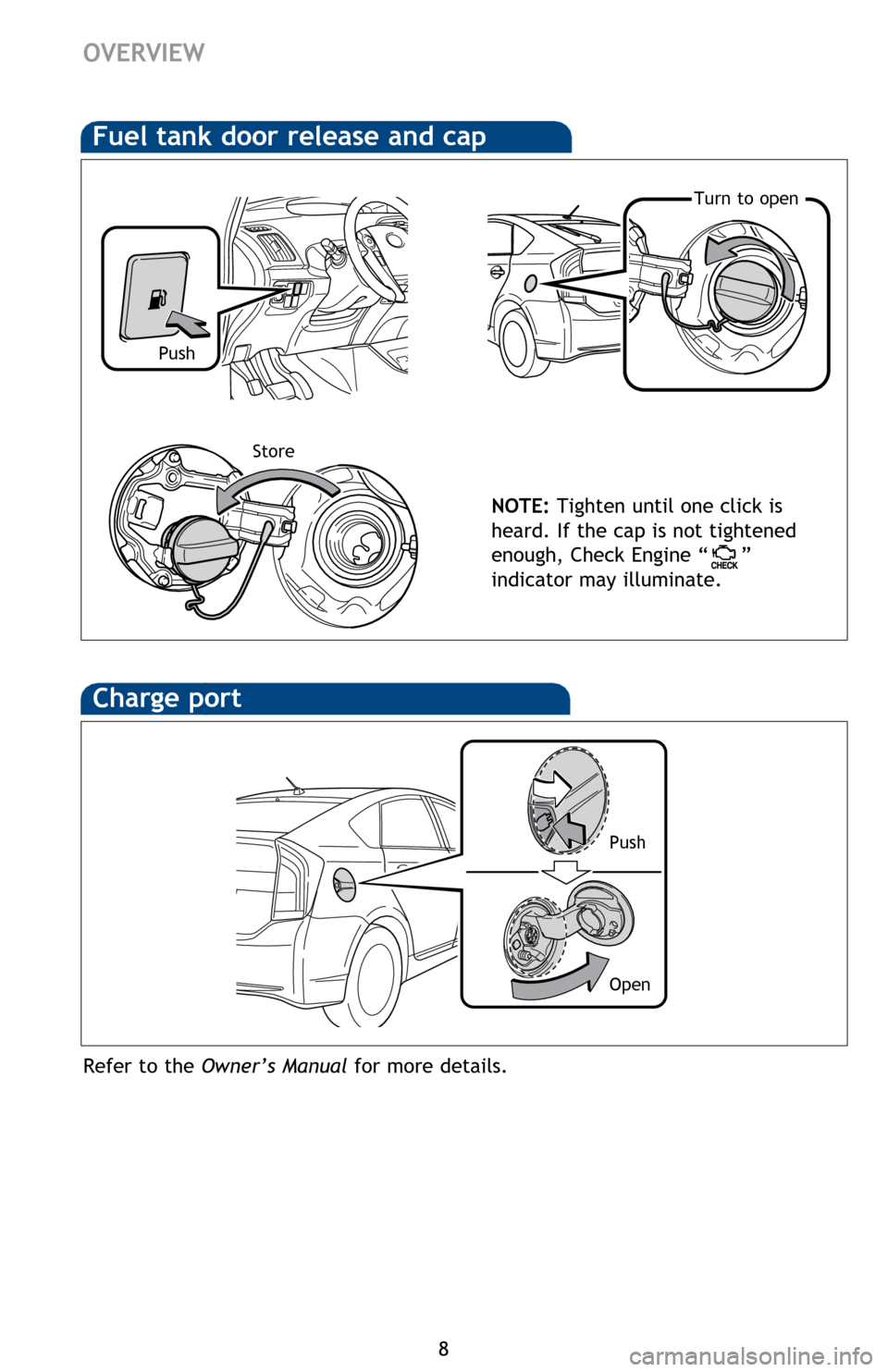 TOYOTA PRIUS PLUG-IN HYBRID 2014 1.G Quick Reference Guide 8
OVERVIEW
Fuel tank door release and cap
NOTE: Tighten until one click is
heard. If the cap is not tightened
enough, Check Engine “
”
indicator may illuminate.
Push
Turn to open
Store
Charge TOYOTA PRIUS PLUG-IN HYBRID 2014 1.G Quick Reference Guide 8
OVERVIEW
Fuel tank door release and cap
NOTE: Tighten until one click is
heard. If the cap is not tightened
enough, Check Engine “
”
indicator may illuminate.
Push
Turn to open
Store
Charge