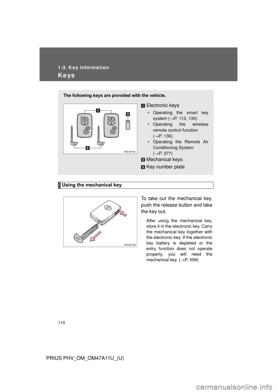 TOYOTA PRIUS PLUG-IN HYBRID 2015 1.G Owners Manual 110
PRIUS PHV_OM_OM47A11U_(U)
1-3. Key information
Keys
Using the mechanical keyTo take out the mechanical key,
push the release button and take
the key out.
After using the mechanical key,
store it i TOYOTA PRIUS PLUG-IN HYBRID 2015 1.G Owners Manual 110
PRIUS PHV_OM_OM47A11U_(U)
1-3. Key information
Keys
Using the mechanical keyTo take out the mechanical key,
push the release button and take
the key out.
After using the mechanical key,
store it i