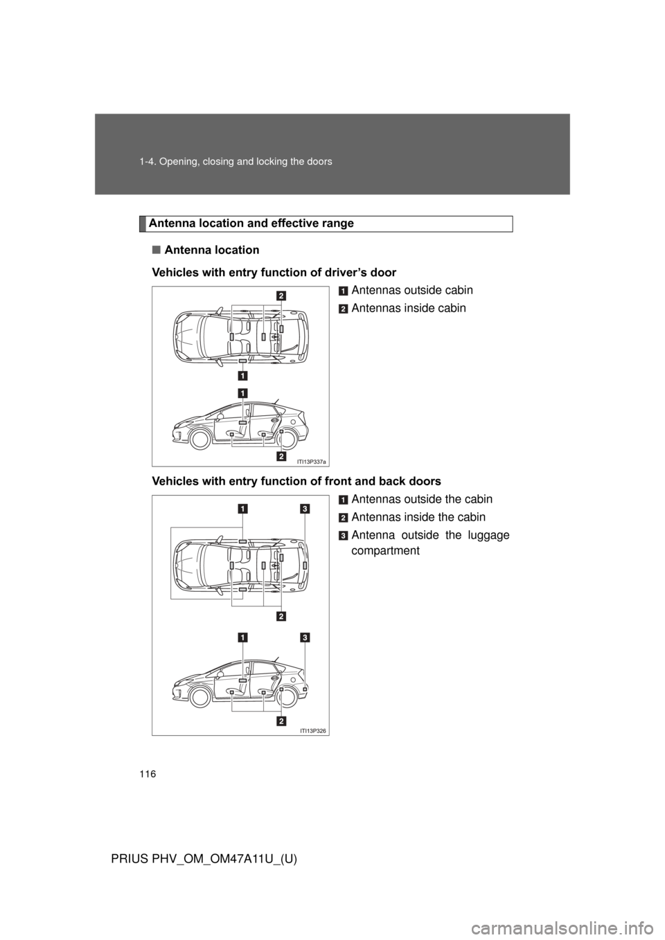 TOYOTA PRIUS PLUG-IN HYBRID 2015 1.G Owners Manual 116 1-4. Opening, closing and locking the doors
PRIUS PHV_OM_OM47A11U_(U)
Antenna location and effective range
■ Antenna location
Vehicles with entry function of driver’s door Antennas outside cab TOYOTA PRIUS PLUG-IN HYBRID 2015 1.G Owners Manual 116 1-4. Opening, closing and locking the doors
PRIUS PHV_OM_OM47A11U_(U)
Antenna location and effective range
■ Antenna location
Vehicles with entry function of driver’s door Antennas outside cab