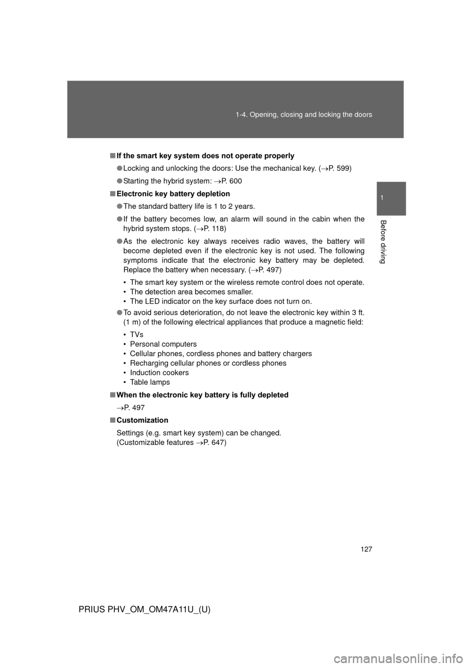 TOYOTA PRIUS PLUG-IN HYBRID 2015 1.G Owners Manual 127
1-4. Opening, closing and locking the doors
1
Before driving
PRIUS PHV_OM_OM47A11U_(U)
■
If the smart key system  does not operate properly
● Locking and unlocking the doors: Use the mechanica