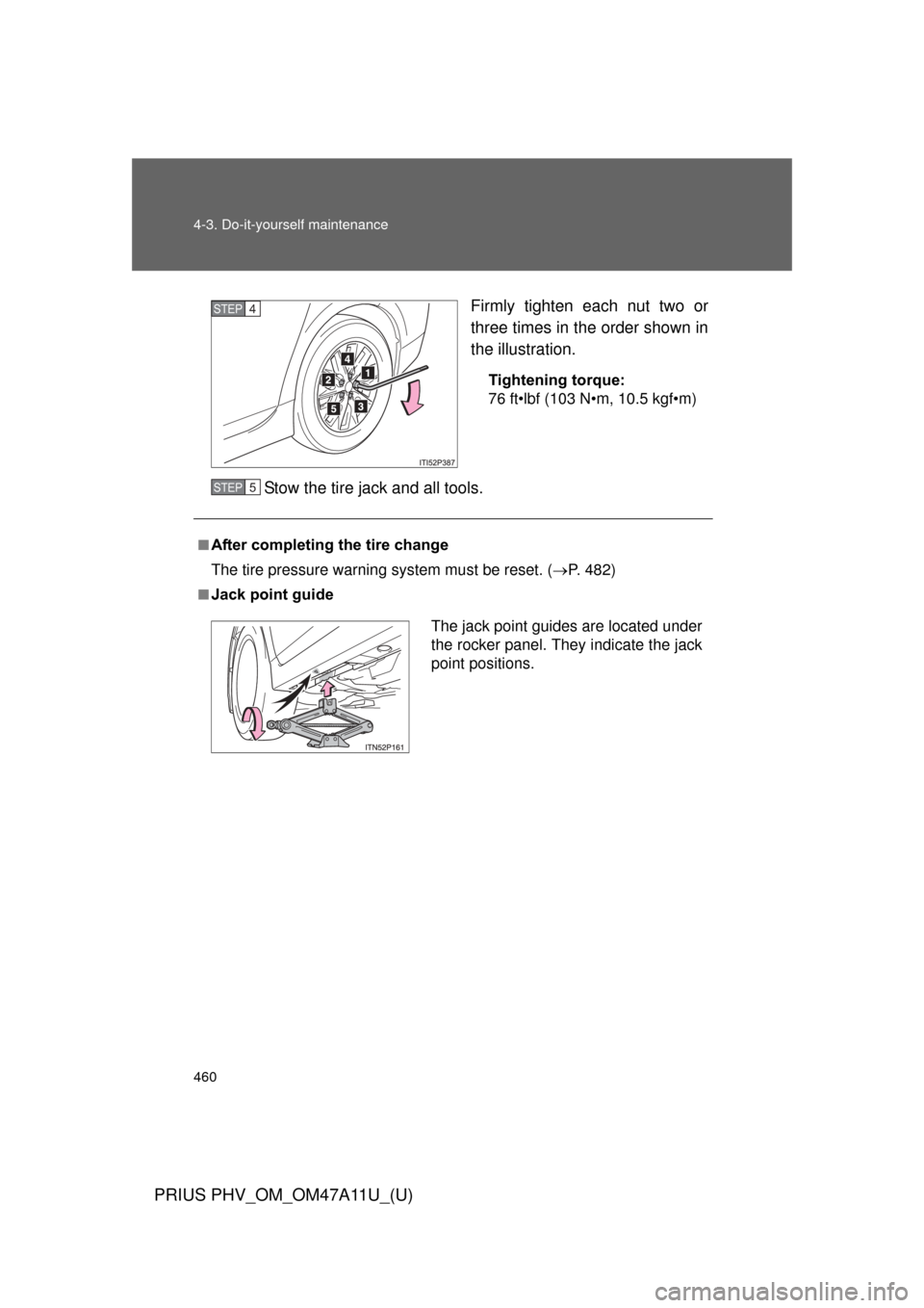 TOYOTA PRIUS PLUG-IN HYBRID 2015 1.G Owners Manual 460 4-3. Do-it-yourself maintenance
PRIUS PHV_OM_OM47A11U_(U)
Firmly tighten each nut two or
three times in the order shown in
the illustration.
Tightening torque:
76 ft•lbf (103 N•m, 10.5 kgf•m TOYOTA PRIUS PLUG-IN HYBRID 2015 1.G Owners Manual 460 4-3. Do-it-yourself maintenance
PRIUS PHV_OM_OM47A11U_(U)
Firmly tighten each nut two or
three times in the order shown in
the illustration.
Tightening torque:
76 ft•lbf (103 N•m, 10.5 kgf•m