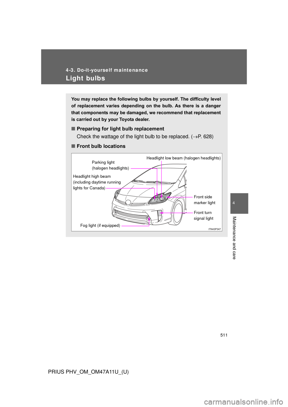 TOYOTA PRIUS PLUG-IN HYBRID 2015 1.G Owners Manual 511
4-3. Do-it-yourself maintenance
PRIUS PHV_OM_OM47A11U_(U)
4
Maintenance and care
Light bulbs
You may replace the following bulbs by yourself. The difficulty level
of  replacement  varies  dependin