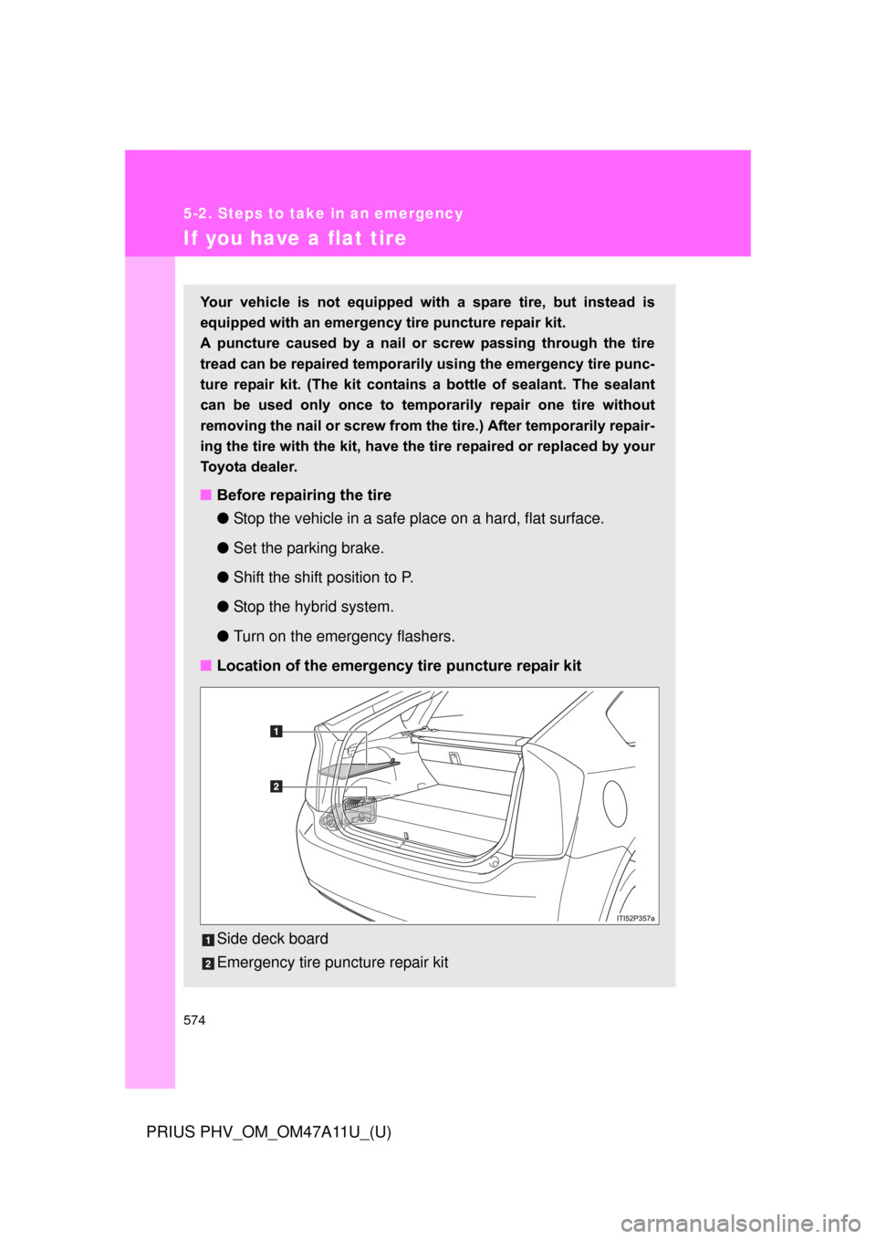 TOYOTA PRIUS PLUG-IN HYBRID 2015 1.G Owners Manual 574
5-2. Steps to take in an emergency
PRIUS PHV_OM_OM47A11U_(U)
If you have a flat tire
Your  vehicle  is  not  equipped  with  a  spare  tire,  but  instead  is
equipped with an emergency tire punct