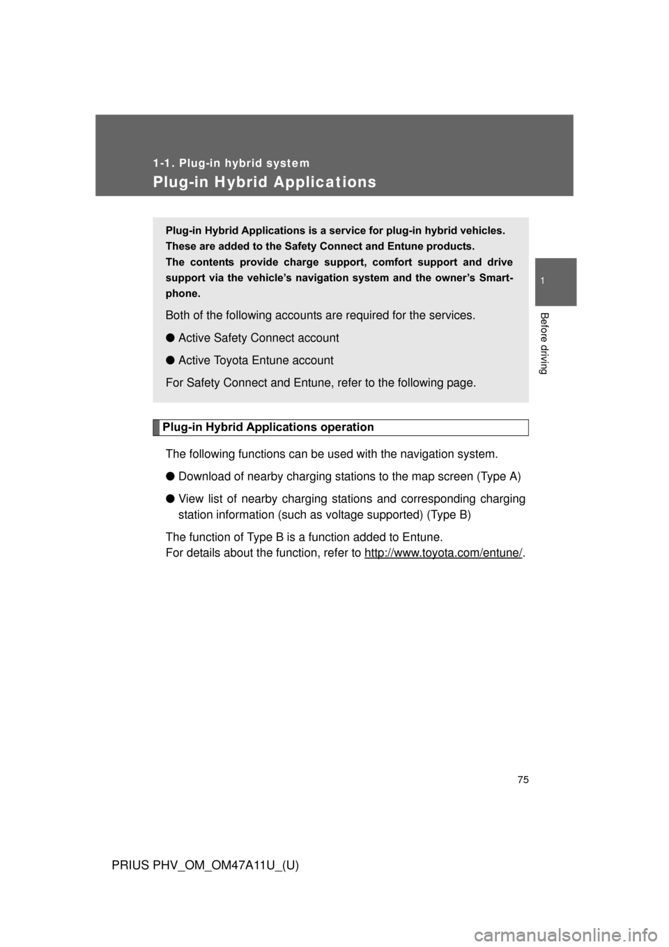 TOYOTA PRIUS PLUG-IN HYBRID 2015 1.G User Guide 75
1
1-1. Plug-in hybrid system
Before driving
PRIUS PHV_OM_OM47A11U_(U)
Plug-in Hybrid Applications
Plug-in Hybrid Applications operationThe following functions can be us ed with the navigation syste