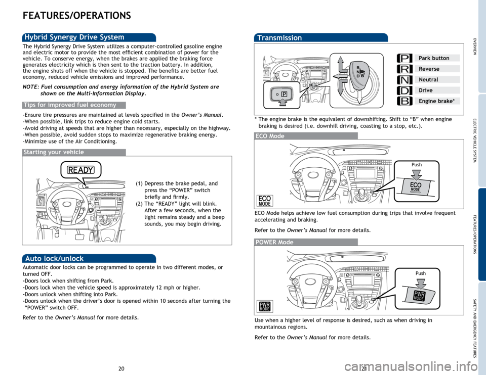 TOYOTA PRIUS PLUG-IN HYBRID 2015 1.G Quick Reference Guide 21
20
Transmission
*  
The engine brake is the equivalent of downshifting. Shift to “B” when engine 
braking is desired (i.e. downhill driving, coasting to a stop, etc.).
ECO Mode
Push
ECO Mode he