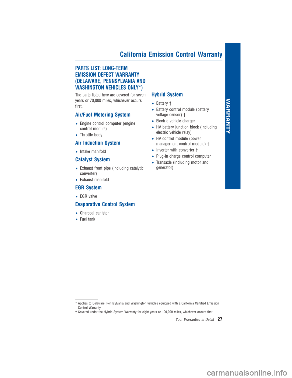 TOYOTA PRIUS PLUG-IN HYBRID 2015 1.G Warranty And Maintenance Guide PARTS LIST: LONG-TERM
EMISSION DEFECT WARRANTY
(DELAWARE, PENNSYLVANIA AND
WASHINGTON VEHICLES ONLY*)
The parts listed here are covered for seven
years or 70,000 miles, whichever occurs
first.
Air/Fue