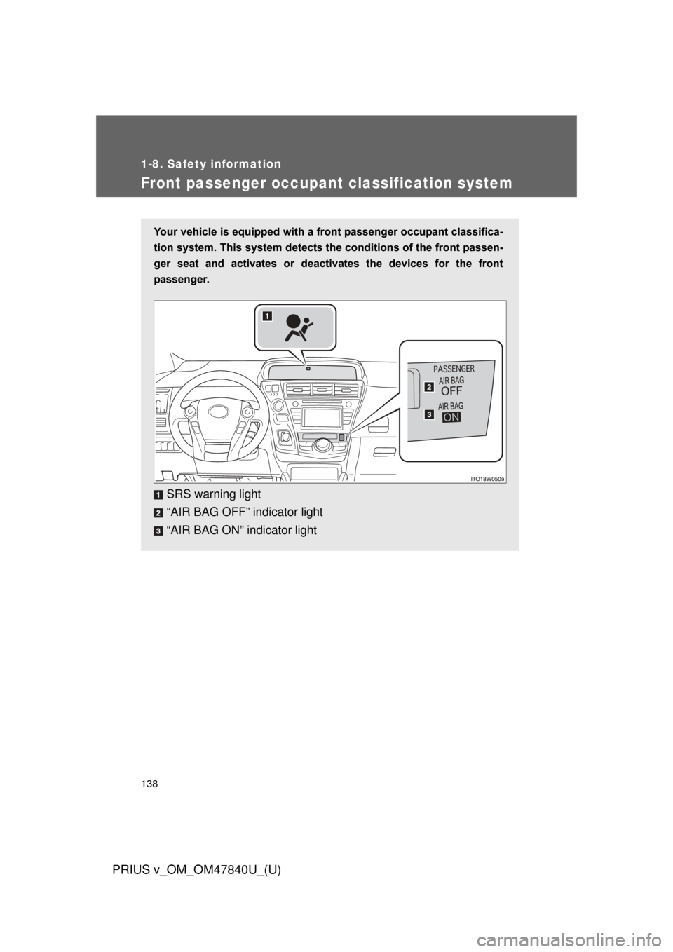 TOYOTA PRIUS V 2014 ZVW40 / 1.G Owners Manual 138
1-8. Safety information
PRIUS v_OM_OM47840U_(U)
Front passenger occupant classification system
Your vehicle is equipped with a front passenger occupant classifica-
tion system. This system detects TOYOTA PRIUS V 2014 ZVW40 / 1.G Owners Manual 138
1-8. Safety information
PRIUS v_OM_OM47840U_(U)
Front passenger occupant classification system
Your vehicle is equipped with a front passenger occupant classifica-
tion system. This system detects