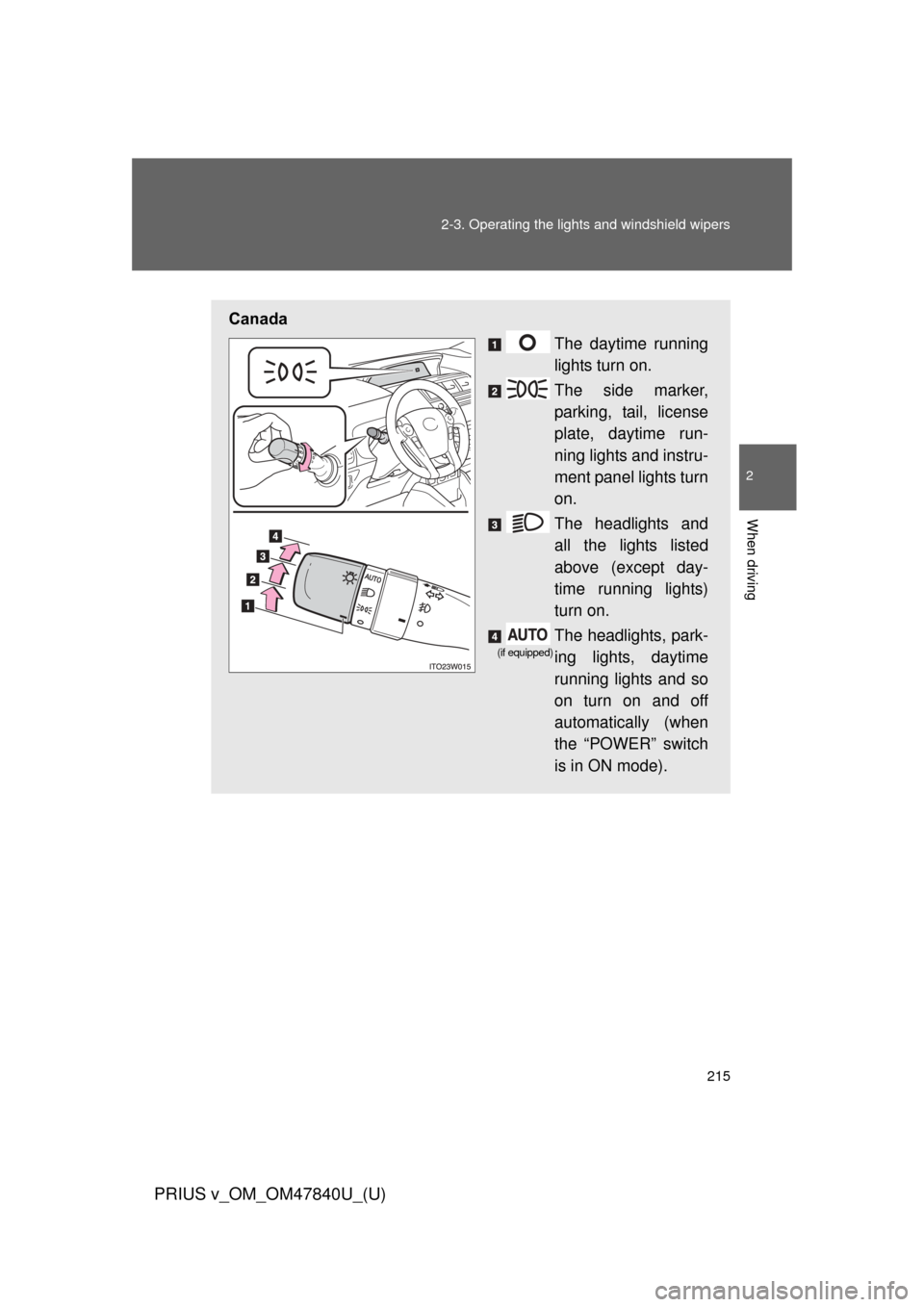 TOYOTA PRIUS V 2014 ZVW40 / 1.G Owners Manual 215
2-3. Operating the lights and windshield wipers
PRIUS v_OM_OM47840U_(U)
2
When driving
Canada
The daytime running
lights turn on.
The side marker,
parking, tail, license
plate, daytime run-
ning l