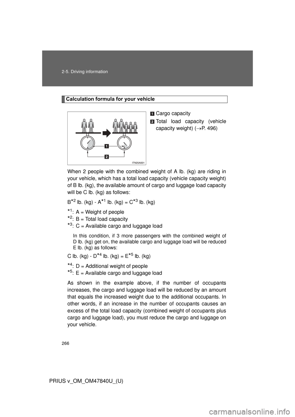 TOYOTA PRIUS V 2014 ZVW40 / 1.G Owners Manual 266 2-5. Driving information
PRIUS v_OM_OM47840U_(U)
Calculation formula for your vehicleCargo capacity
Total load capacity (vehicle
capacity weight) (P. 496)
When 2 people with the combined weight