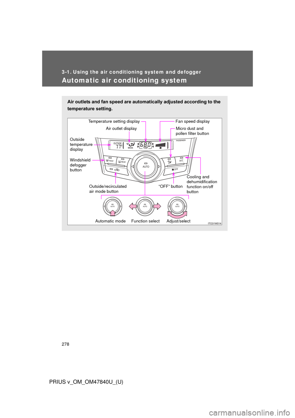 TOYOTA PRIUS V 2014 ZVW40 / 1.G Owners Manual 278
PRIUS v_OM_OM47840U_(U)
3-1. Using the air conditioning system and defogger
Automatic air conditioning system
Air outlets and fan speed are automatically adjusted according to the
temperature sett
