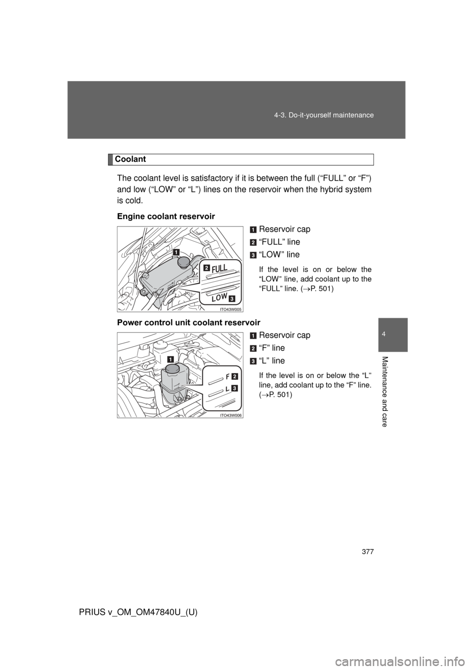 TOYOTA PRIUS V 2014 ZVW40 / 1.G Owners Manual 377
4-3. Do-it-yourself maintenance
PRIUS v_OM_OM47840U_(U)
4
Maintenance and care
Coolant
The coolant level is satisfactory if  it is between the full (“FULL” or “F”)
and low (“LOW” or 