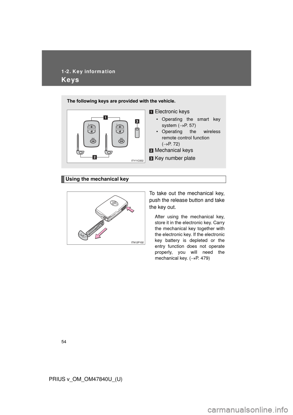 TOYOTA PRIUS V 2014 ZVW40 / 1.G Workshop Manual 54
PRIUS v_OM_OM47840U_(U)
1-2. Key information
Keys
Using the mechanical keyTo take out the mechanical key,
push the release button and take
the key out.
After using the mechanical key,
store it in t