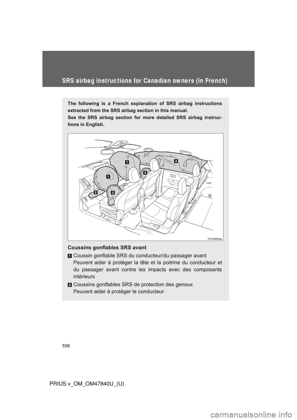 TOYOTA PRIUS V 2014 ZVW40 / 1.G Owners Manual 538
PRIUS v_OM_OM47840U_(U)
SRS airbag instructions for Canadian owners (in French) TOYOTA PRIUS V 2014 ZVW40 / 1.G Owners Manual 538
PRIUS v_OM_OM47840U_(U)
SRS airbag instructions for Canadian owners (in French)