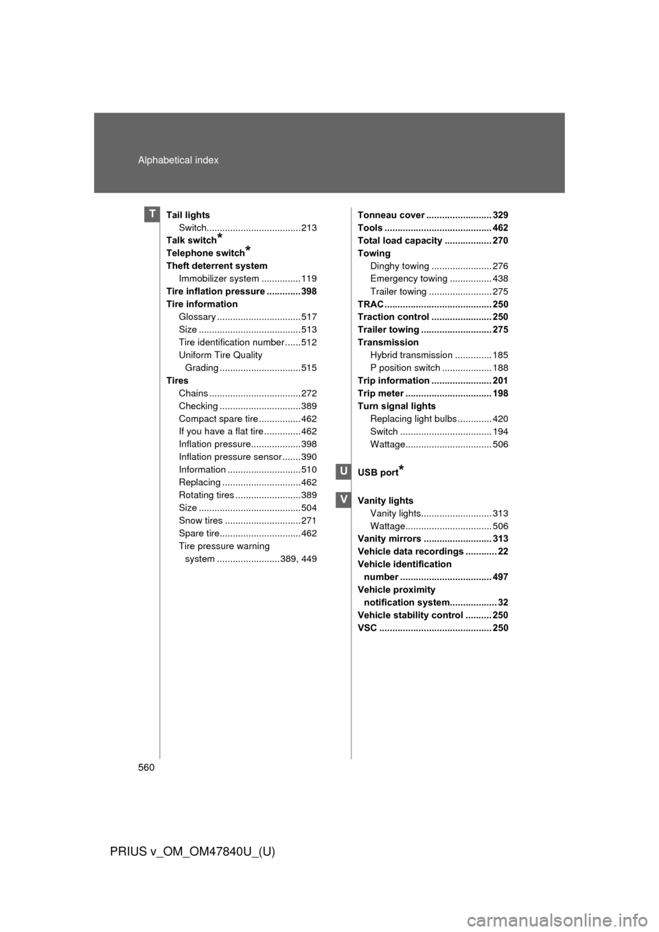 TOYOTA PRIUS V 2014 ZVW40 / 1.G Owners Manual 560 Alphabetical index
PRIUS v_OM_OM47840U_(U)
Tail lightsSwitch.................................... 213
Talk switch
*
Telephone switch*
Theft deterrent system Immobilizer system ............... 119
T