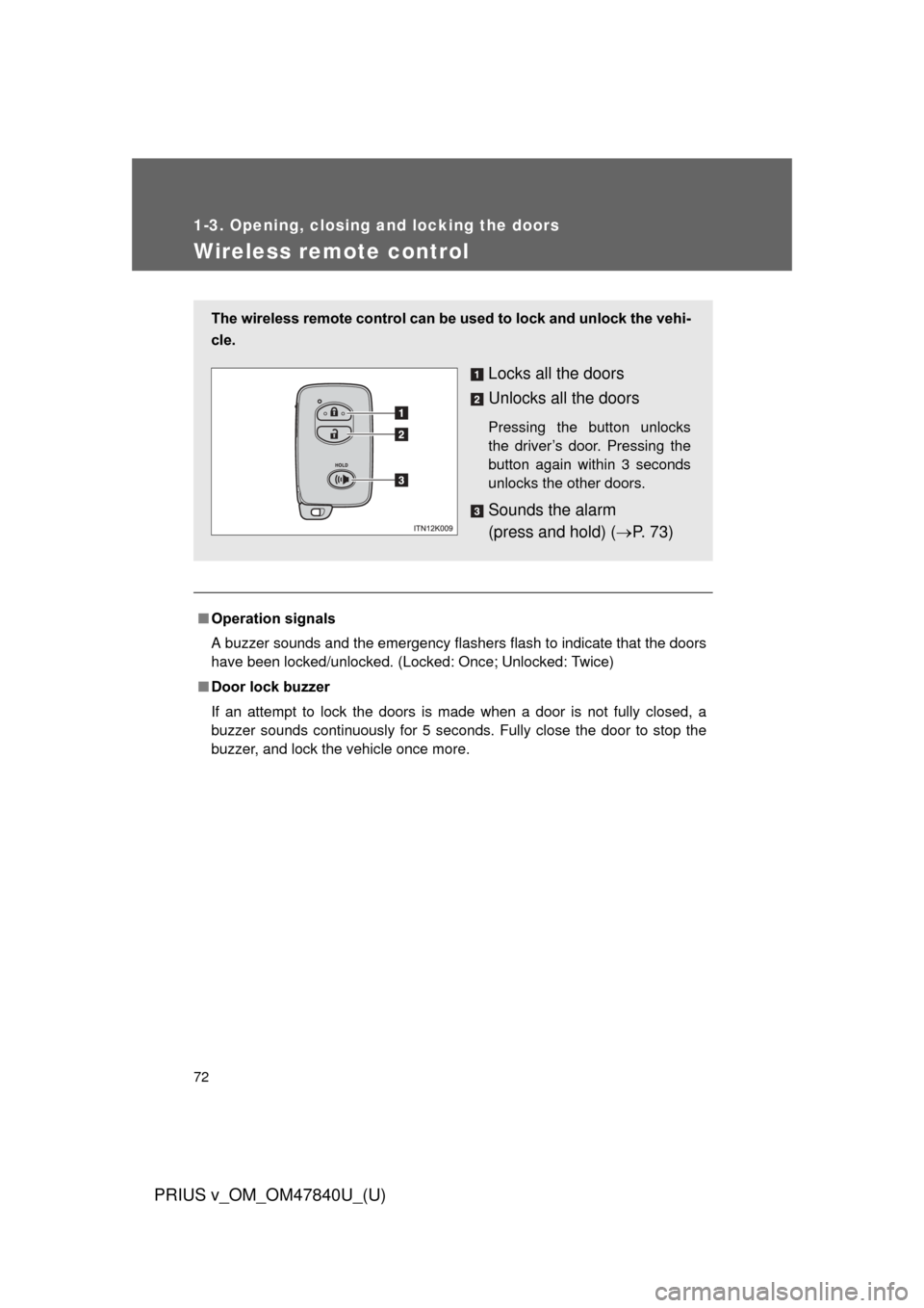 TOYOTA PRIUS V 2014 ZVW40 / 1.G Manual PDF 72
1-3. Opening, closing and locking the doors
PRIUS v_OM_OM47840U_(U)
Wireless remote control
■Operation signals
A buzzer sounds and the emergency flashers flash to indicate that the doors
have bee