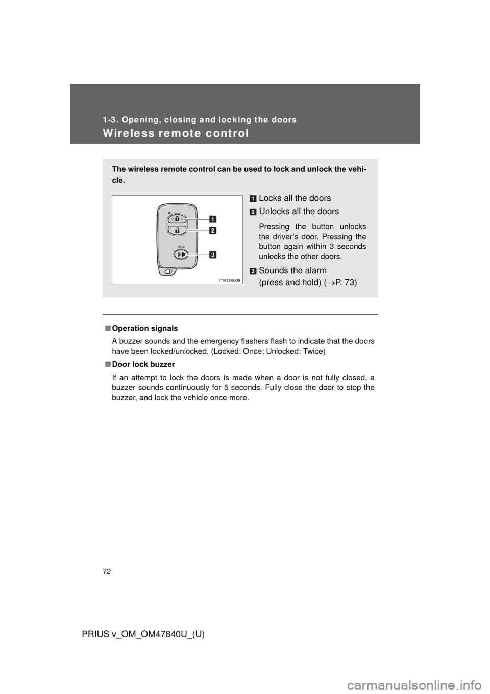 TOYOTA PRIUS V 2014 ZVW40 / 1.G Owners Manual 72
1-3. Opening, closing and locking the doors
PRIUS v_OM_OM47840U_(U)
Wireless remote control
■Operation signals
A buzzer sounds and the emergency flashers flash to indicate that the doors
have bee