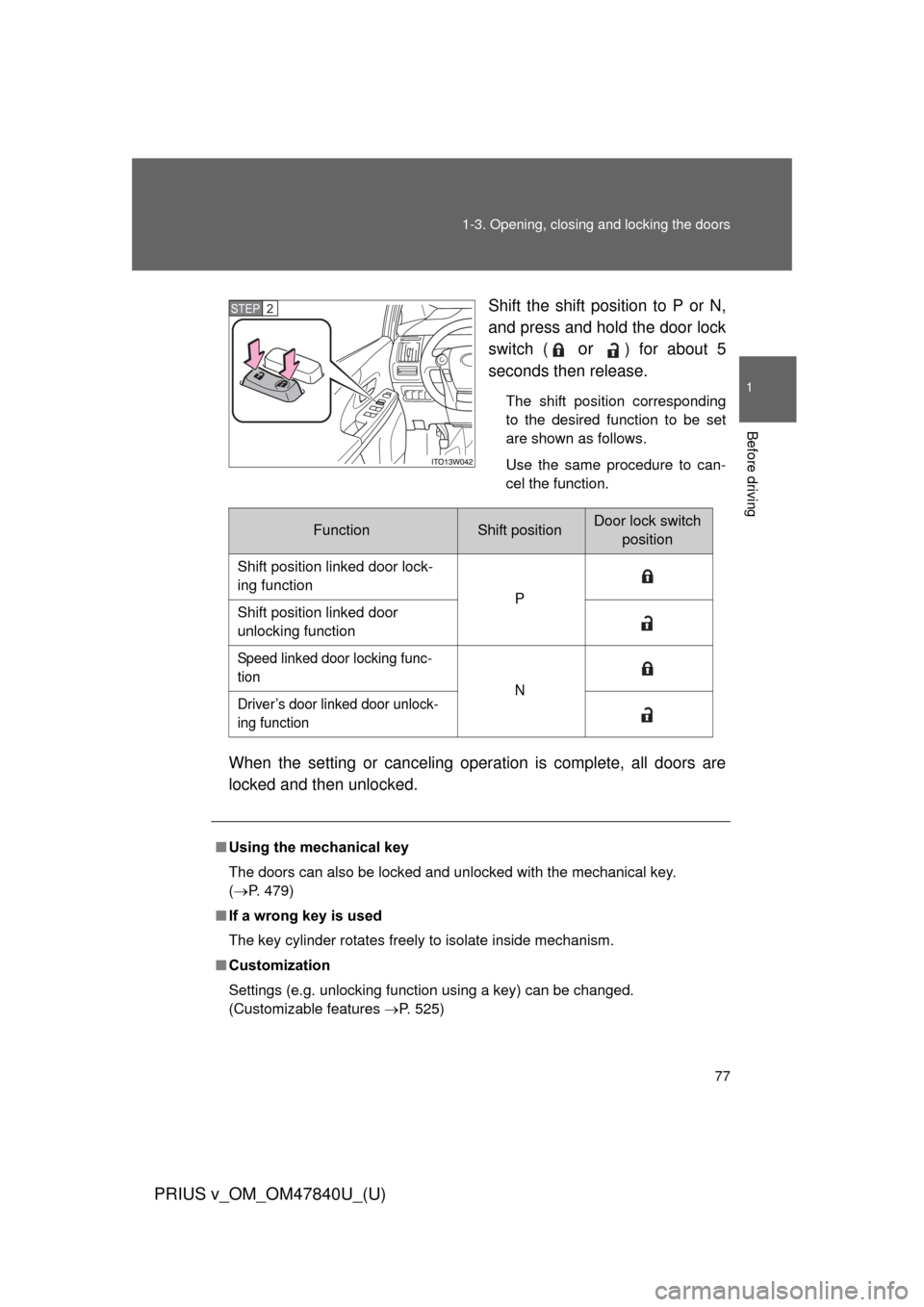 TOYOTA PRIUS V 2014 ZVW40 / 1.G Manual PDF 77
1-3. Opening, closing and locking the doors
1
Before driving
PRIUS v_OM_OM47840U_(U)
Shift the shift position to P or N,
and press and hold the door lock
switch (
 or ) for about 5
seconds then rel