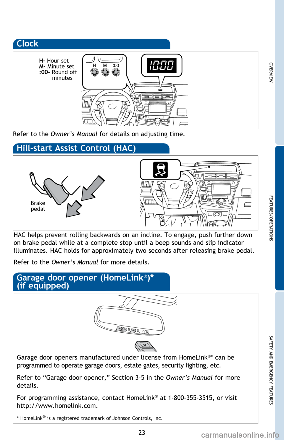 TOYOTA PRIUS V 2014 ZVW40 / 1.G Quick Reference Guide OVERVIEW
FEATURES/OPERATIONS
SAFETY AND EMERGENCY FEATURES
23
Clock
Refer to the Owner’s Manual  for details on adjusting time.
H- Hour set
M- Minute set
:00- Round off  
 minutes
HAC helps prevent 