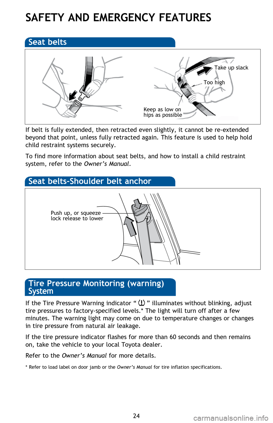 TOYOTA PRIUS V 2014 ZVW40 / 1.G Quick Reference Guide 24
SAFETY AND EMERGENCY FEATURES
If belt is fully extended, then retracted even slightly, it cannot be re-extended 
beyond that point, unless fully retracted again. This feature is used to help hold 
