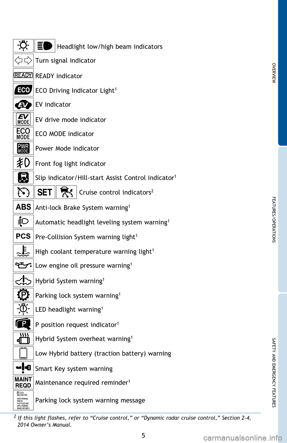 TOYOTA PRIUS V 2014 ZVW40 / 1.G Quick Reference Guide OVERVIEW
FEATURES/OPERATIONS
SAFETY AND EMERGENCY FEATURES
5
2 If this light flashes, refer to “Cruise control,” or “Dynamic radar cruise control,” Section 2-4, 2014 Owner’s Manual.   
Anti-