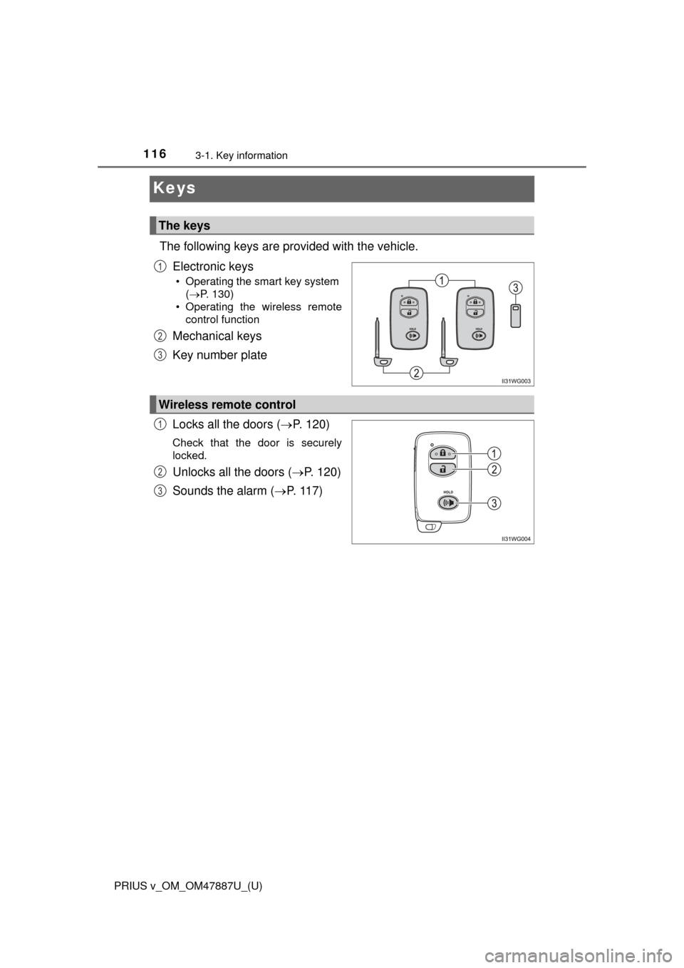 TOYOTA PRIUS V 2015 ZVW40 / 1.G Owners Manual 116
PRIUS v_OM_OM47887U_(U)
3-1. Key information
Keys
The following keys are provided with the vehicle.Electronic keys
• Operating the smart key system (P. 130)
• Operating the wireless remote TOYOTA PRIUS V 2015 ZVW40 / 1.G Owners Manual 116
PRIUS v_OM_OM47887U_(U)
3-1. Key information
Keys
The following keys are provided with the vehicle.Electronic keys
• Operating the smart key system (P. 130)
• Operating the wireless remote