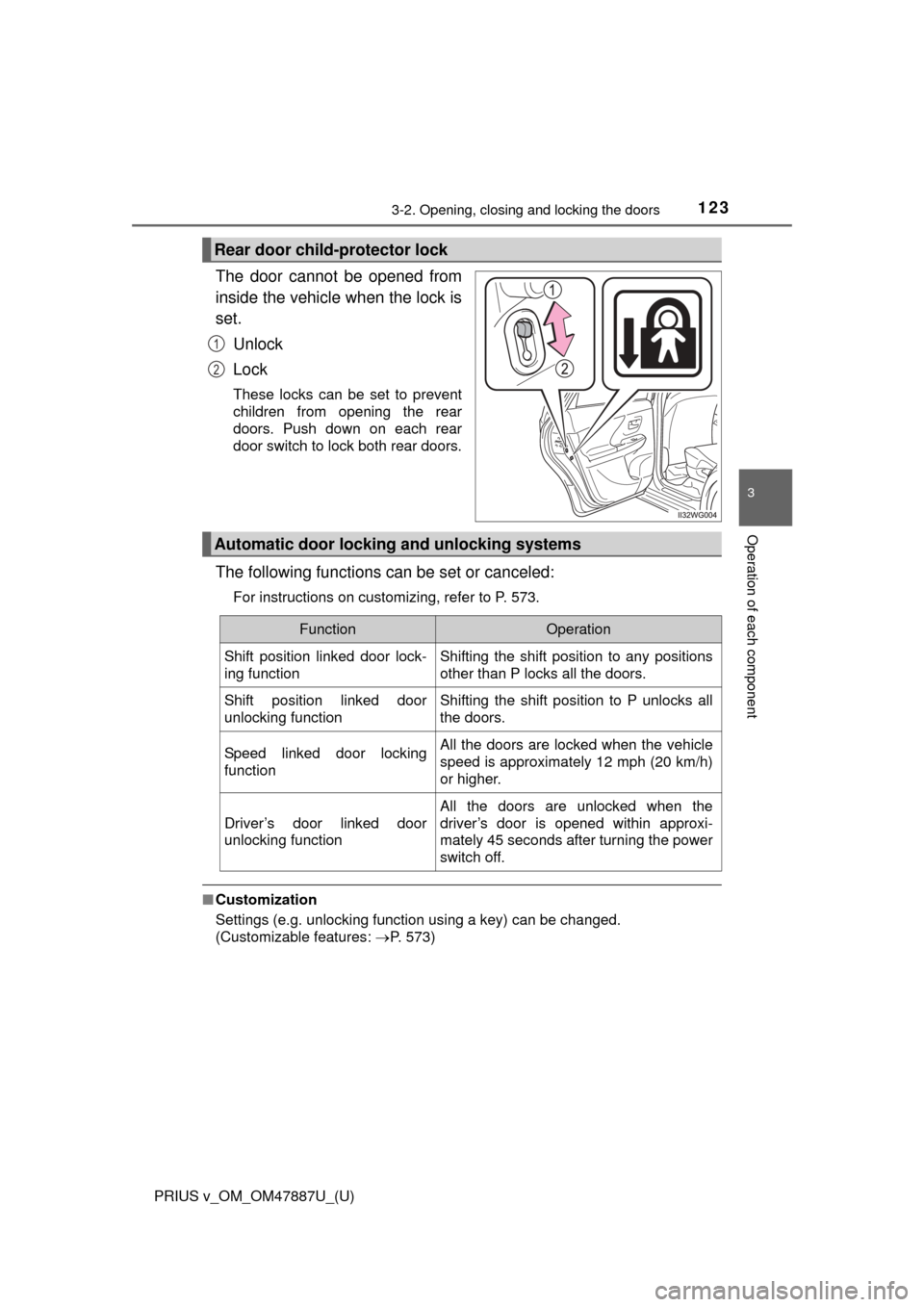 TOYOTA PRIUS V 2015 ZVW40 / 1.G Owners Manual PRIUS v_OM_OM47887U_(U)
1233-2. Opening, closing and locking the doors
3
Operation of each component
The door cannot be opened from
inside the vehicle when the lock is
set.Unlock
Lock
These locks can TOYOTA PRIUS V 2015 ZVW40 / 1.G Owners Manual PRIUS v_OM_OM47887U_(U)
1233-2. Opening, closing and locking the doors
3
Operation of each component
The door cannot be opened from
inside the vehicle when the lock is
set.Unlock
Lock
These locks can
