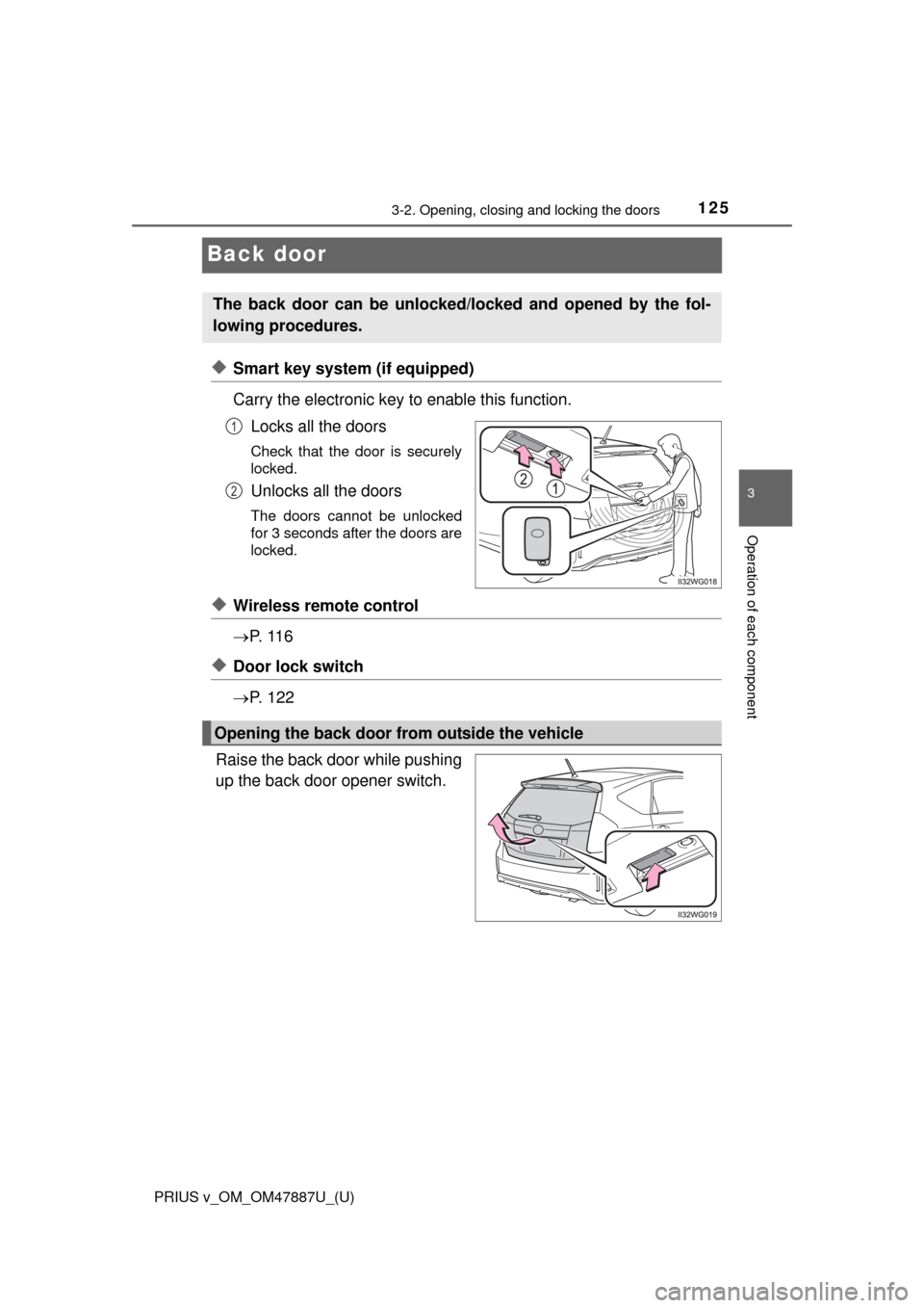TOYOTA PRIUS V 2015 ZVW40 / 1.G Owners Manual 125
PRIUS v_OM_OM47887U_(U)
3-2. Opening, closing and locking the doors
3
Operation of each component
Back door
◆Smart key system (if equipped)
Carry the electronic key to enable this function.Locks TOYOTA PRIUS V 2015 ZVW40 / 1.G Owners Manual 125
PRIUS v_OM_OM47887U_(U)
3-2. Opening, closing and locking the doors
3
Operation of each component
Back door
◆Smart key system (if equipped)
Carry the electronic key to enable this function.Locks