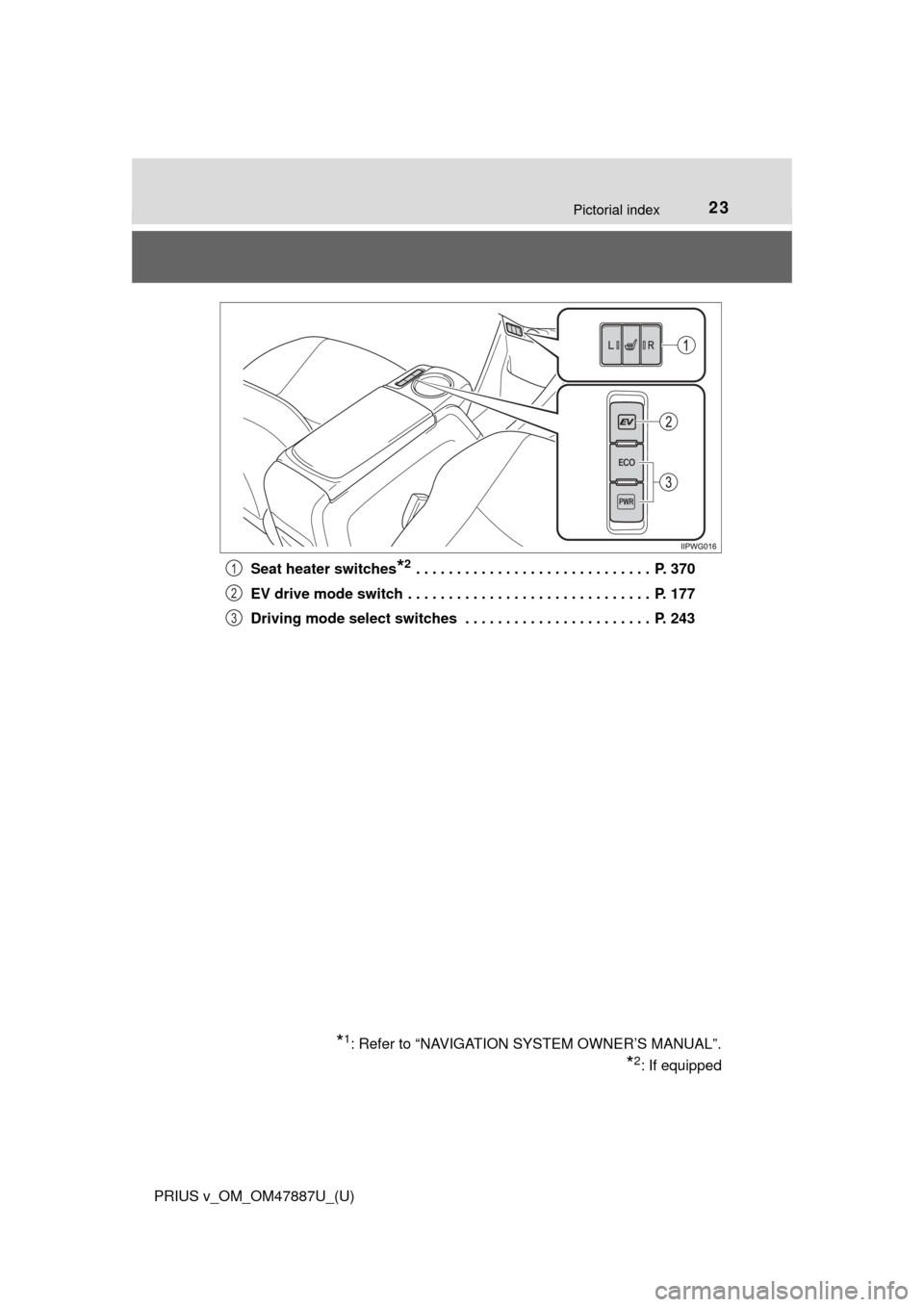 TOYOTA PRIUS V 2015 ZVW40 / 1.G Owners Manual 23Pictorial index
PRIUS v_OM_OM47887U_(U)Seat heater switches
*2 . . . . . . . . . . . . . . . . . . . . . . . . . . . . .  P. 370
EV drive mode switch . . . . . . . . . . . . . . . . . . . . . . . . 