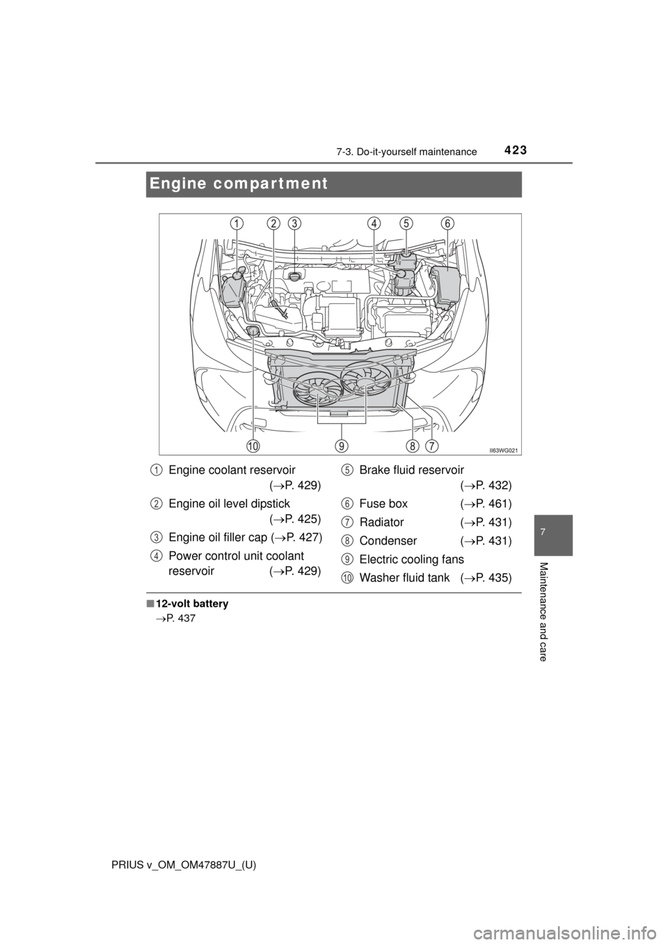 TOYOTA PRIUS V 2015 ZVW40 / 1.G Owners Manual 423
PRIUS v_OM_OM47887U_(U)
7-3. Do-it-yourself maintenance
7
Maintenance and care
Engine compartment
■12-volt battery
P. 437
Engine coolant reservoir 
( P. 429)
Engine oil level dipstick  (