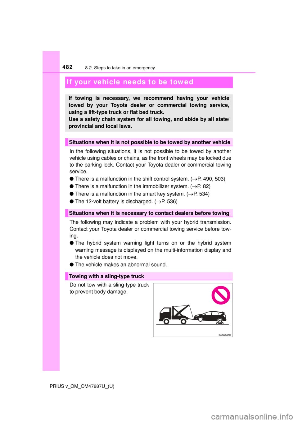 TOYOTA PRIUS V 2015 ZVW40 / 1.G Owners Manual 482
PRIUS v_OM_OM47887U_(U)
8-2. Steps to take in an emergency
If your vehicle needs to be towed
In the following situations, it is not possible to be towed by another
vehicle using cables or chains, 