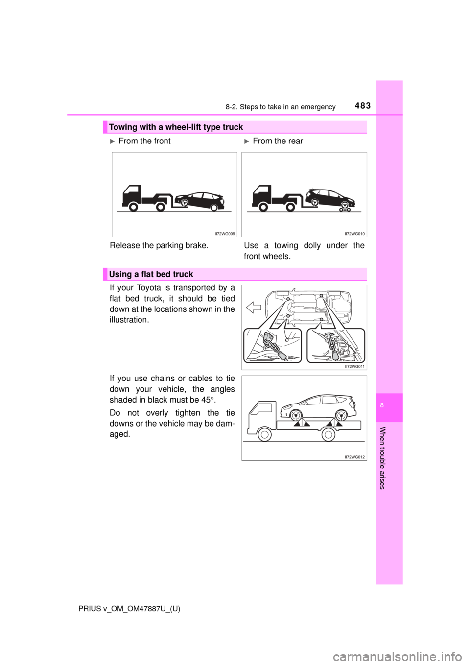 TOYOTA PRIUS V 2015 ZVW40 / 1.G Owners Manual 4838-2. Steps to take in an emergency
PRIUS v_OM_OM47887U_(U)
8
When trouble arises
If your Toyota is transported by a
flat bed truck, it should be tied
down at the locations shown in the
illustration