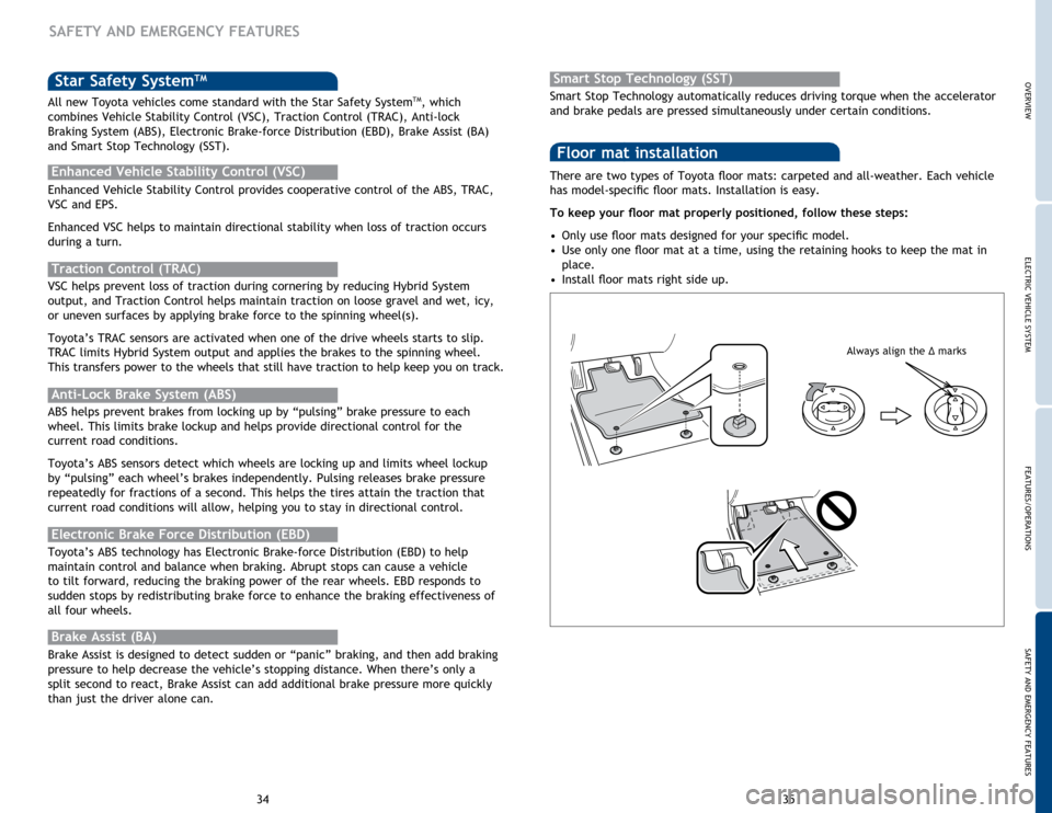 TOYOTA PRIUS V 2015 ZVW40 / 1.G Quick Reference Guide 35
34
Star Safety SystemTM
Enhanced Vehicle Stability Control provides cooperative control of the ABS, TRAC,
VSC and EPS.
Enhanced VSC helps to maintain directional stability when loss of traction oc TOYOTA PRIUS V 2015 ZVW40 / 1.G Quick Reference Guide 35
34
Star Safety SystemTM
Enhanced Vehicle Stability Control provides cooperative control of the ABS, TRAC,
VSC and EPS.
Enhanced VSC helps to maintain directional stability when loss of traction oc