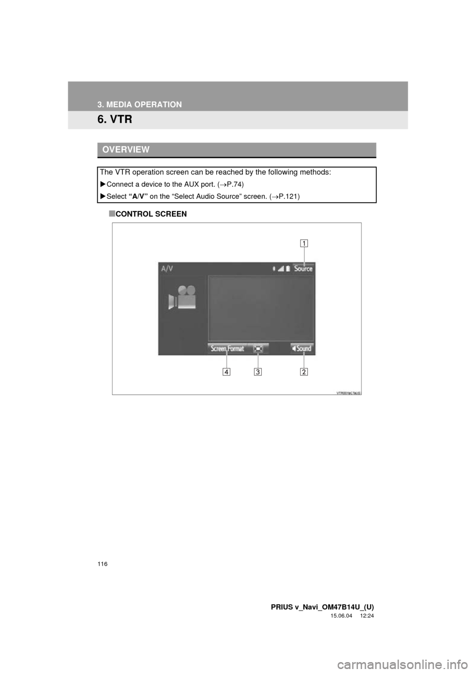 TOYOTA PRIUS V 2016 ZVW40 / 1.G Navigation Manual 116
3. MEDIA OPERATION
PRIUS v_Navi_OM47B14U_(U)
15.06.04     12:24
6. VTR
■CONTROL SCREEN
OVERVIEW
The VTR operation screen can be reached by the following methods:
Connect a device to the AUX p