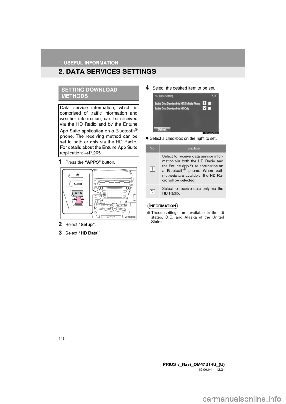 TOYOTA PRIUS V 2016 ZVW40 / 1.G Navigation Manual 146
1. USEFUL INFORMATION
PRIUS v_Navi_OM47B14U_(U)
15.06.04 12:24
2. DATA SERVICES SETTINGS
1Press the “APPS” button.
2Select “Setup” .
3Select “HD Data” .
4Select the desired item t TOYOTA PRIUS V 2016 ZVW40 / 1.G Navigation Manual 146
1. USEFUL INFORMATION
PRIUS v_Navi_OM47B14U_(U)
15.06.04 12:24
2. DATA SERVICES SETTINGS
1Press the “APPS” button.
2Select “Setup” .
3Select “HD Data” .
4Select the desired item t